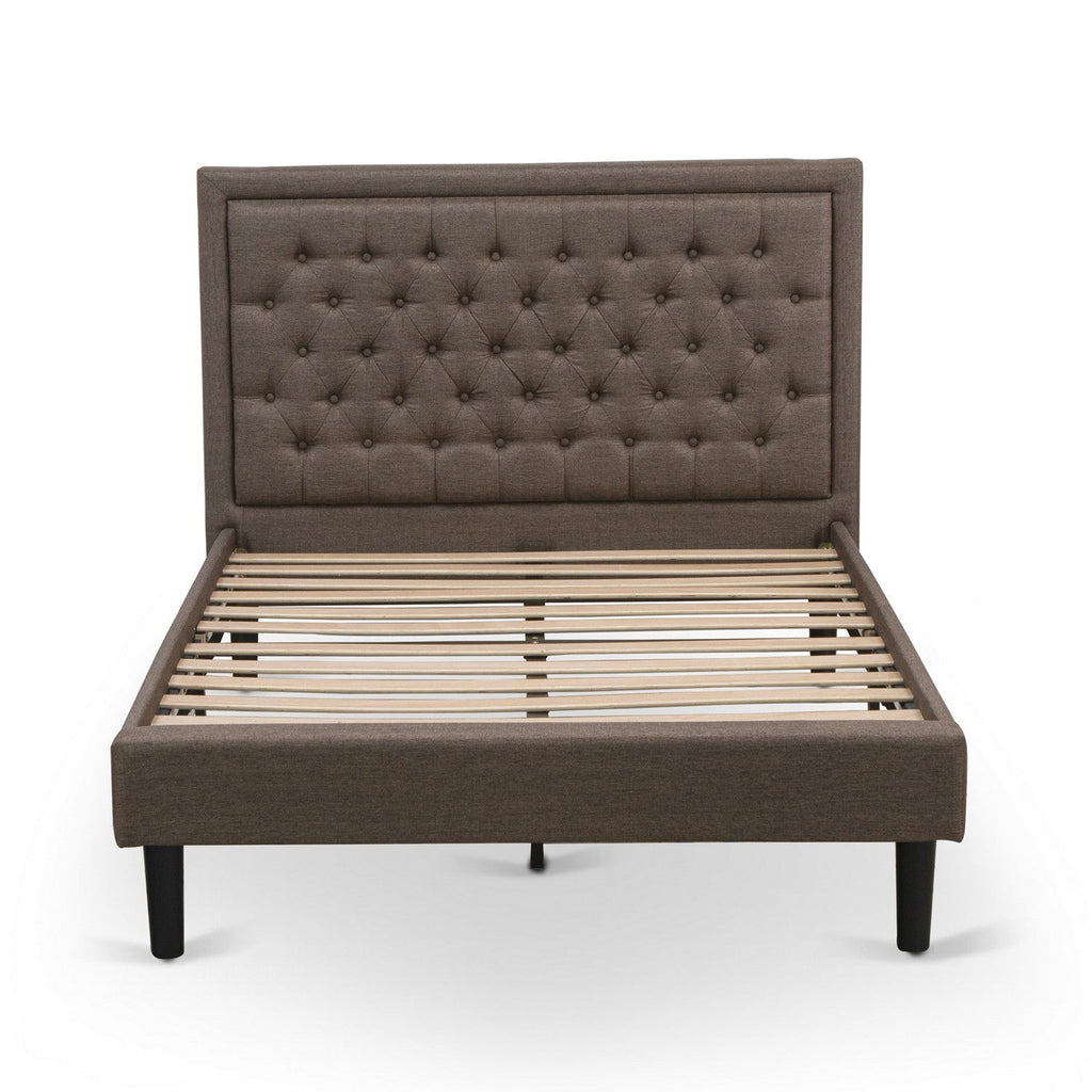 Juego de dormitorio de 2 piezas East West Furniture KD18F-1GA06: 1 cama de plataforma completa con cabecero acolchado de lino marrón y botones, 1 mesita de noche de madera con cajón de madera y patas con acabado negro.