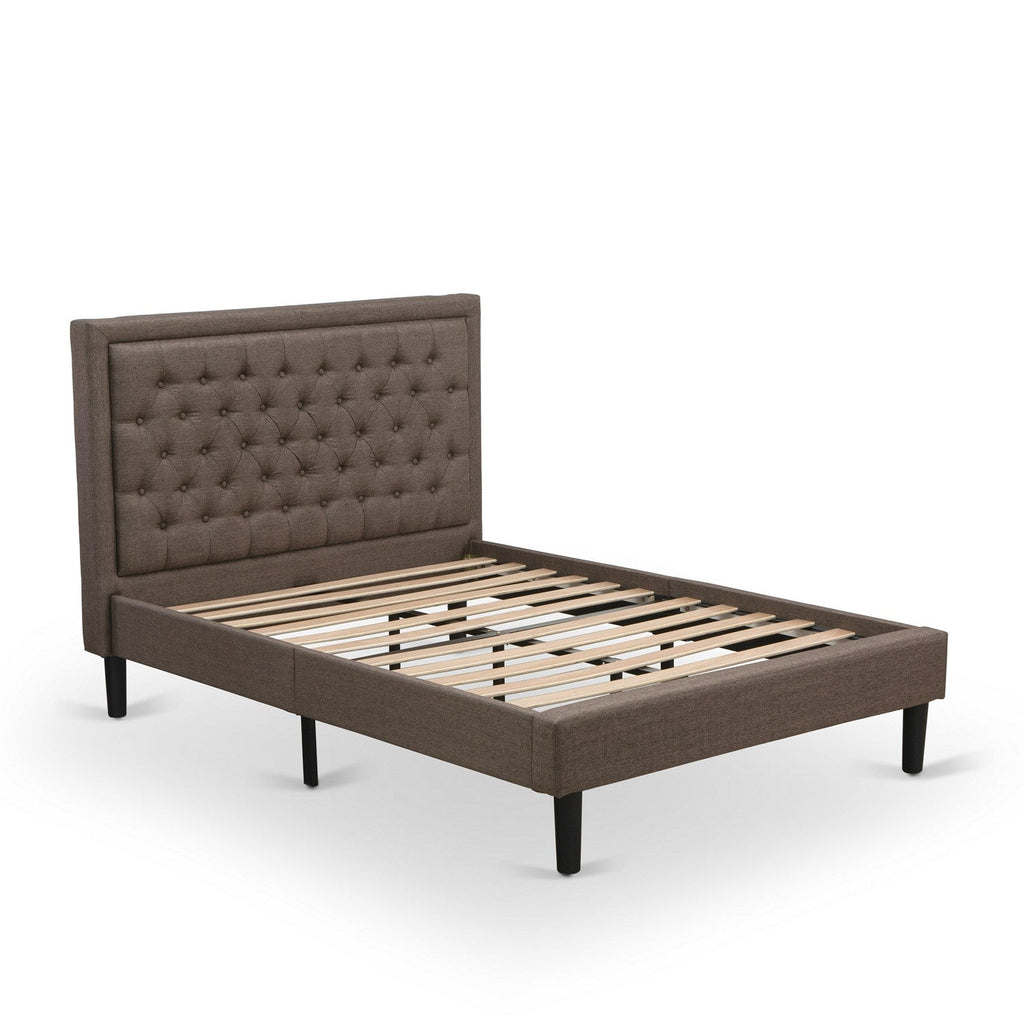 Juego de dormitorio de madera de 2 piezas East West Furniture KD18F-1GA08: 1 cama matrimonial, cabecero acolchado con botones y tela de lino marrón, 1 mesita de noche de mediados de siglo con cajón de madera y patas con acabado negro.