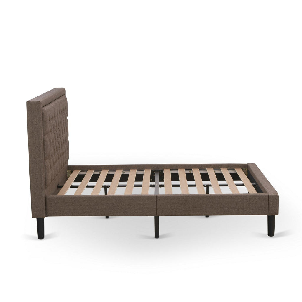 Juego de dormitorio de 2 piezas East West Furniture KD18F-1GA06: 1 cama de plataforma completa con cabecero acolchado de lino marrón y botones, 1 mesita de noche de madera con cajón de madera y patas con acabado negro.