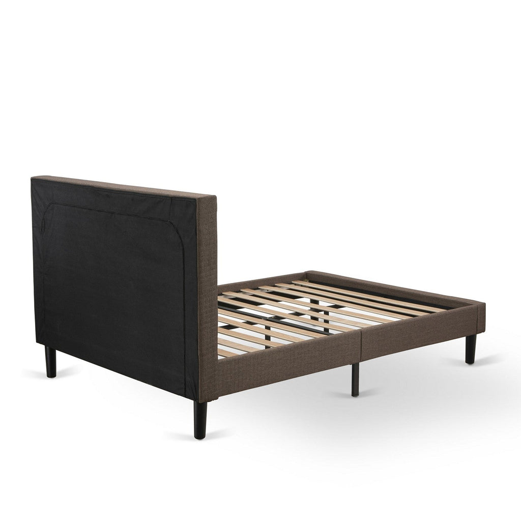 Juego de dormitorio de madera de 2 piezas East West Furniture KD18F-1GA08: 1 cama matrimonial, cabecero acolchado con botones y tela de lino marrón, 1 mesita de noche de mediados de siglo con cajón de madera y patas con acabado negro.