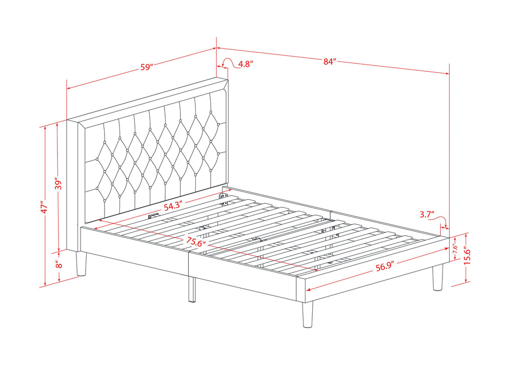 East West Furniture KDF-18-F Platform Full Bed Frame - Brown Linen Fabric Upholestered Bed Headboard with Button Tufted Trim Design - Black Legs