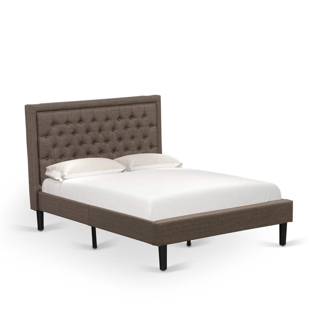 Juego de dormitorio de 2 piezas East West Furniture KD18F-1GA06: 1 cama de plataforma completa con cabecero acolchado de lino marrón y botones, 1 mesita de noche de madera con cajón de madera y patas con acabado negro.