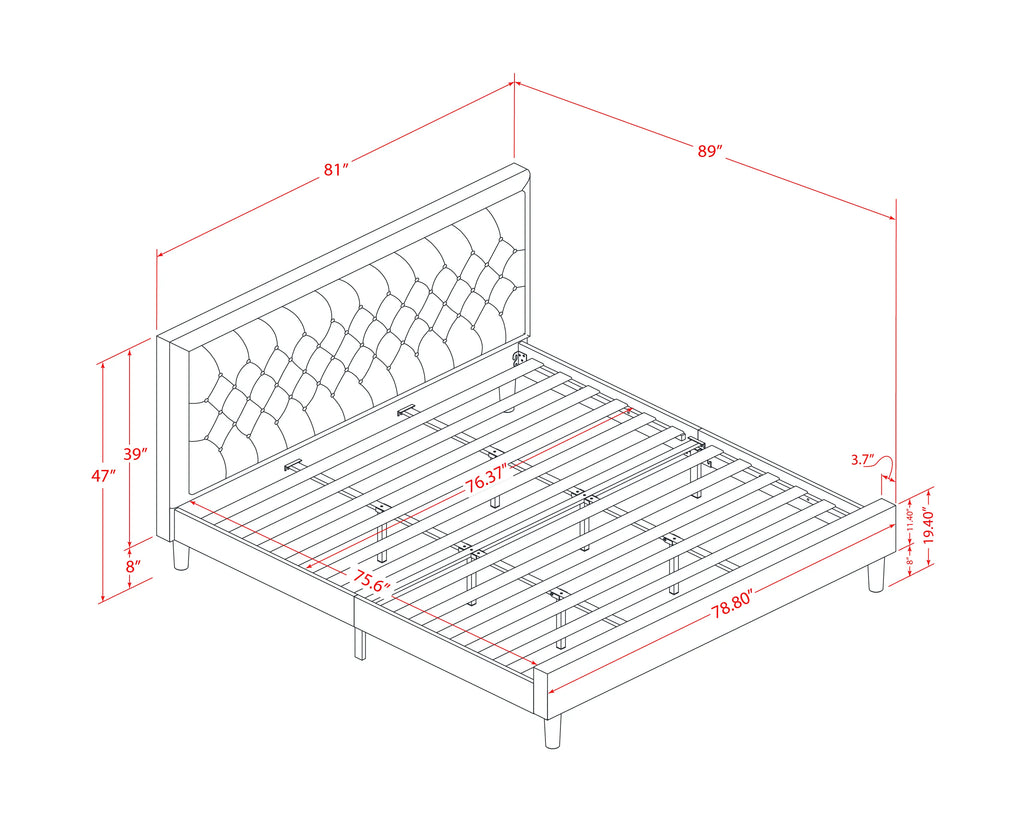 KD18K-1GA08 Juego de cama King de 2 piezas: 1 cama King con cabecera acolchada de lino marrón y botones, 1 mesita de noche de madera con cajón de madera para dormitorio, patas con acabado negro.