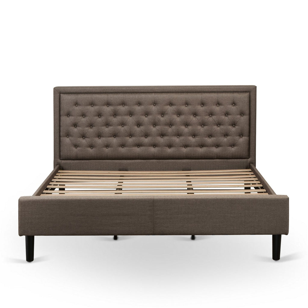 Juego de dormitorio King de 2 piezas KD18K-1GA06: 1 cama de madera con cabecero acolchado de lino marrón y botones, 1 mesita de noche de mediados de siglo con cajón moderno y patas con acabado negro.