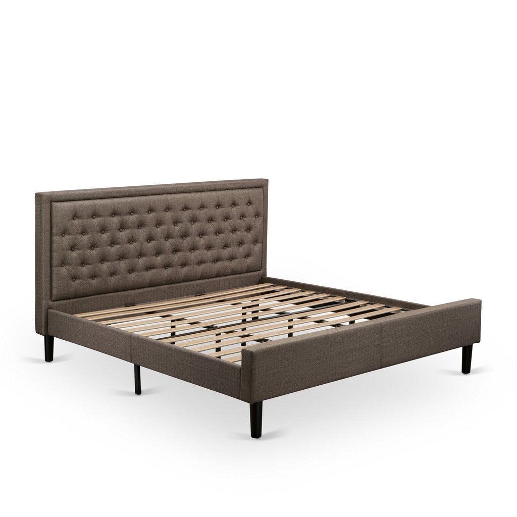 Juego de dormitorio King de 2 piezas KD18K-1GA06: 1 cama de madera con cabecero acolchado de lino marrón y botones, 1 mesita de noche de mediados de siglo con cajón moderno y patas con acabado negro.
