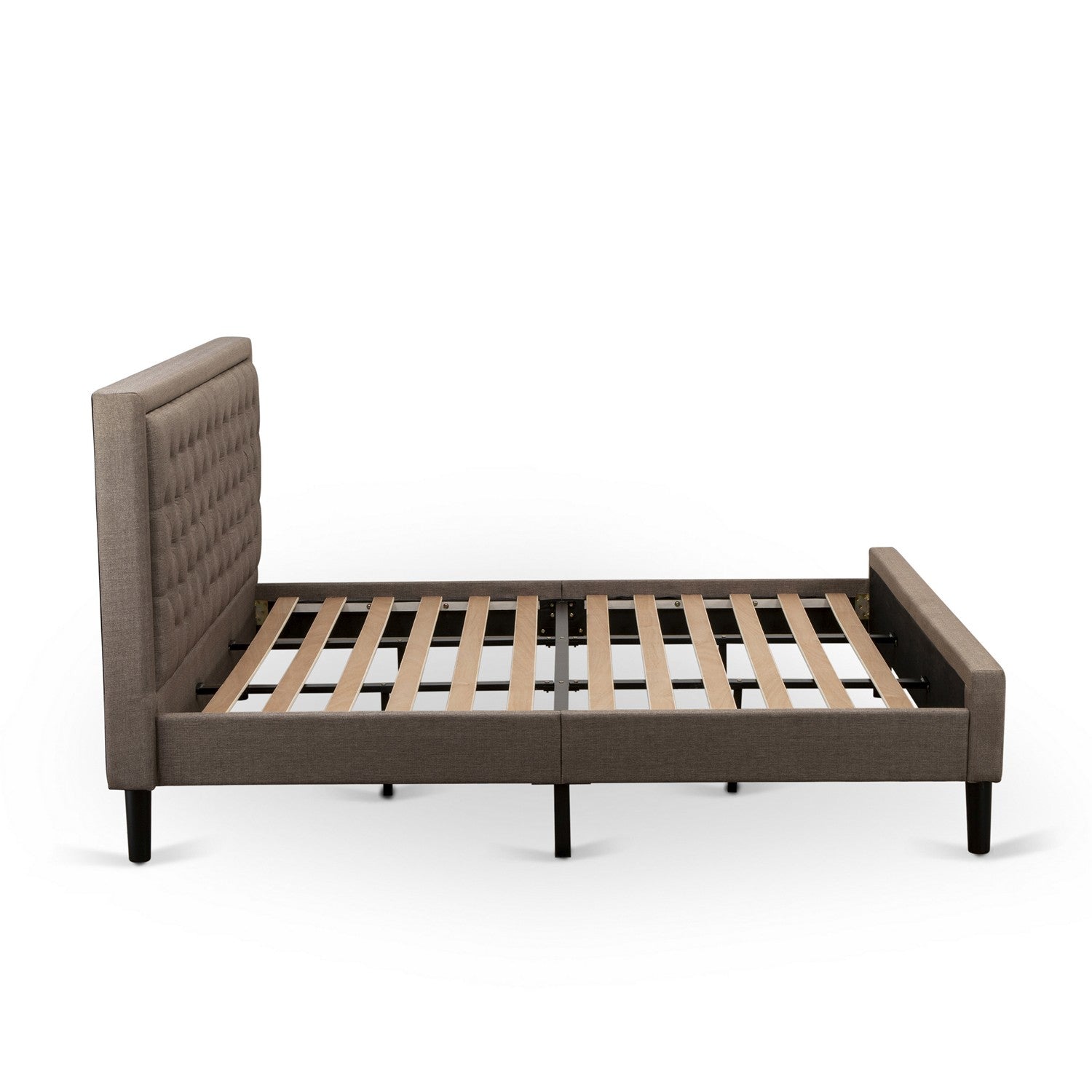Juego de cama tamaño king de 3 piezas East West Furniture KD18K-2DE07: 1 plataforma con cabecero acolchado de lino marrón y botones, 2 mesitas de noche con cajón de madera para dormitorio, patas con acabado negro.