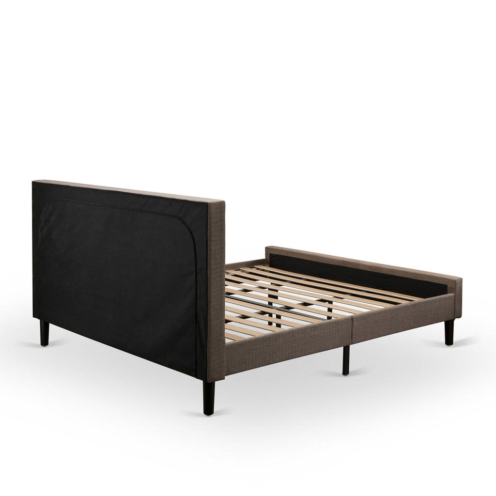 Juego de dormitorio King de 2 piezas KD18K-1GA06: 1 cama de madera con cabecero acolchado de lino marrón y botones, 1 mesita de noche de mediados de siglo con cajón moderno y patas con acabado negro.