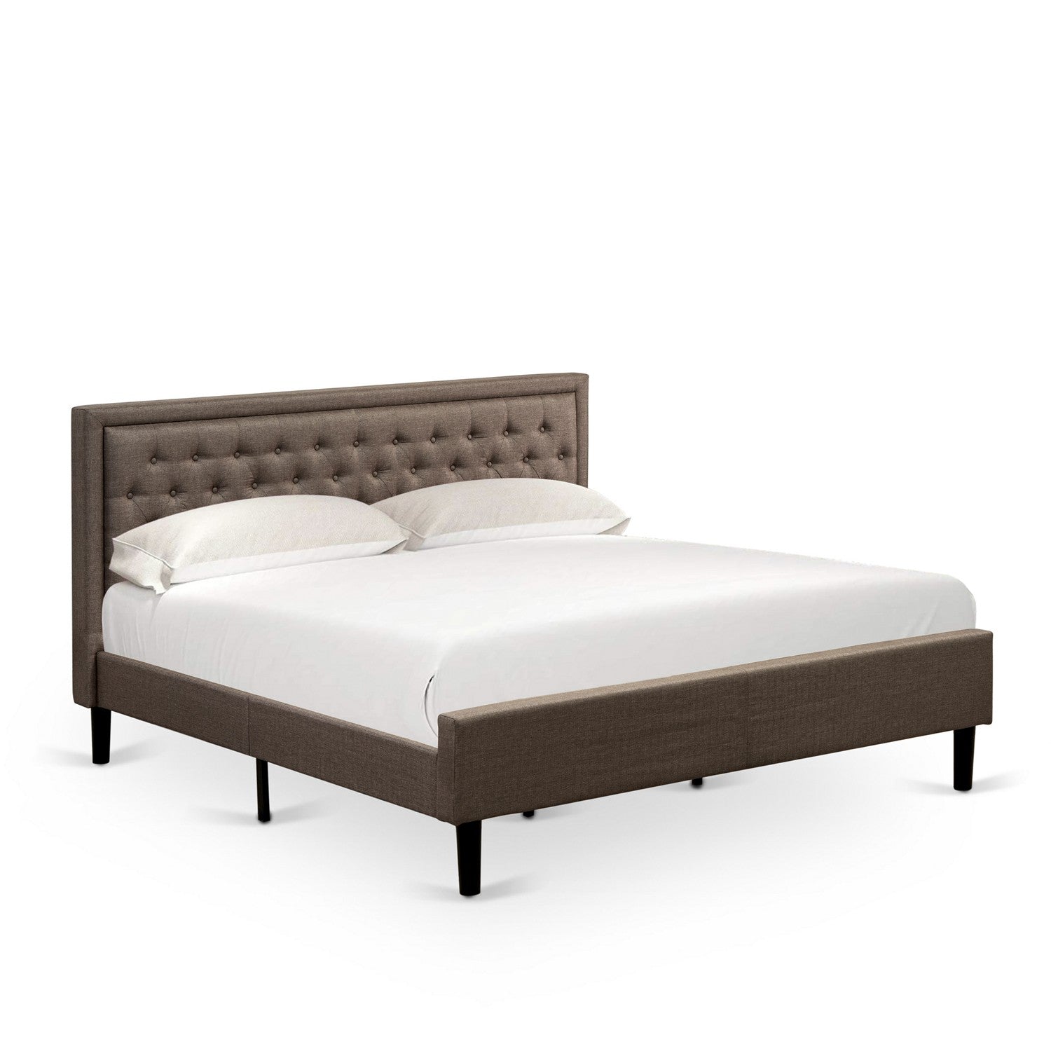 Juego de dormitorio East West Furniture KD18K-2HI07 de 3 piezas con cama tamaño king, cabecero acolchado con botones y tela de lino marrón, dos mesitas de noche con cajones de estilo moderno de mediados de siglo y patas con acabado negro.