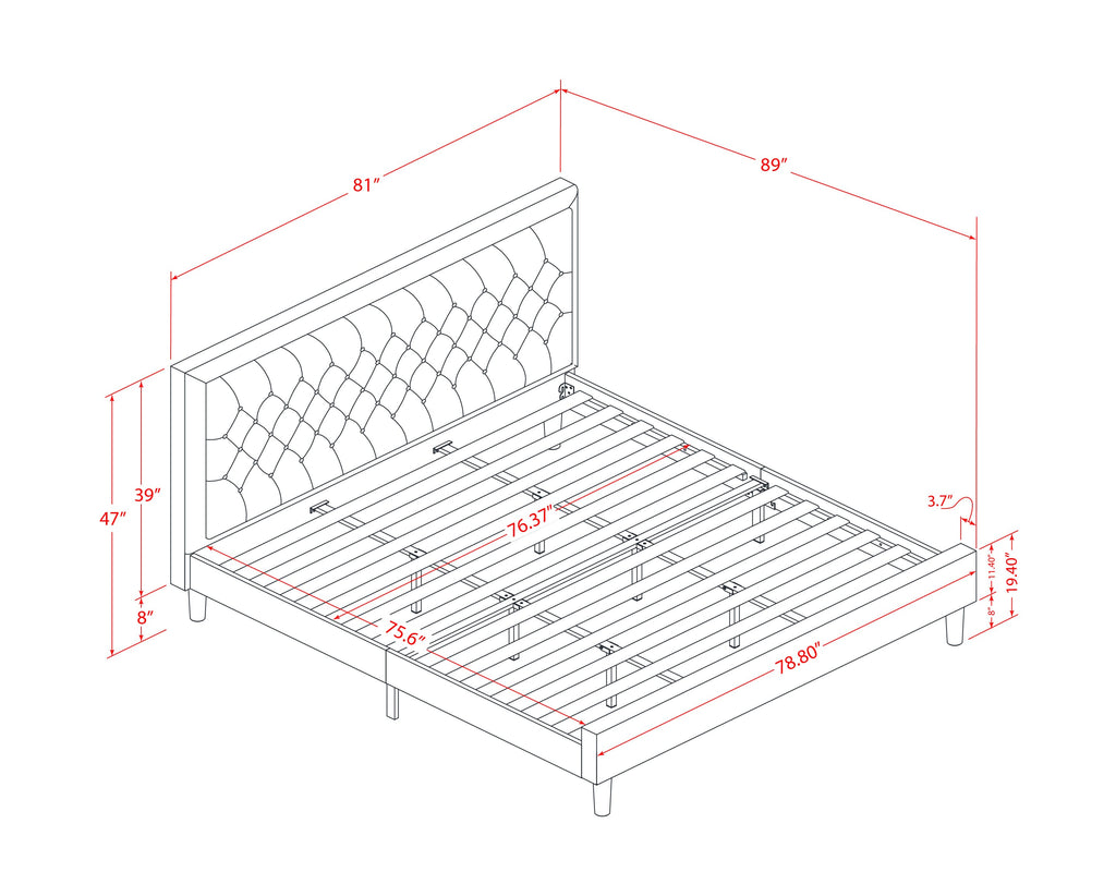 Juego de dormitorio King de 2 piezas KD18K-1GA06: 1 cama de madera con cabecero acolchado de lino marrón y botones, 1 mesita de noche de mediados de siglo con cajón moderno y patas con acabado negro.
