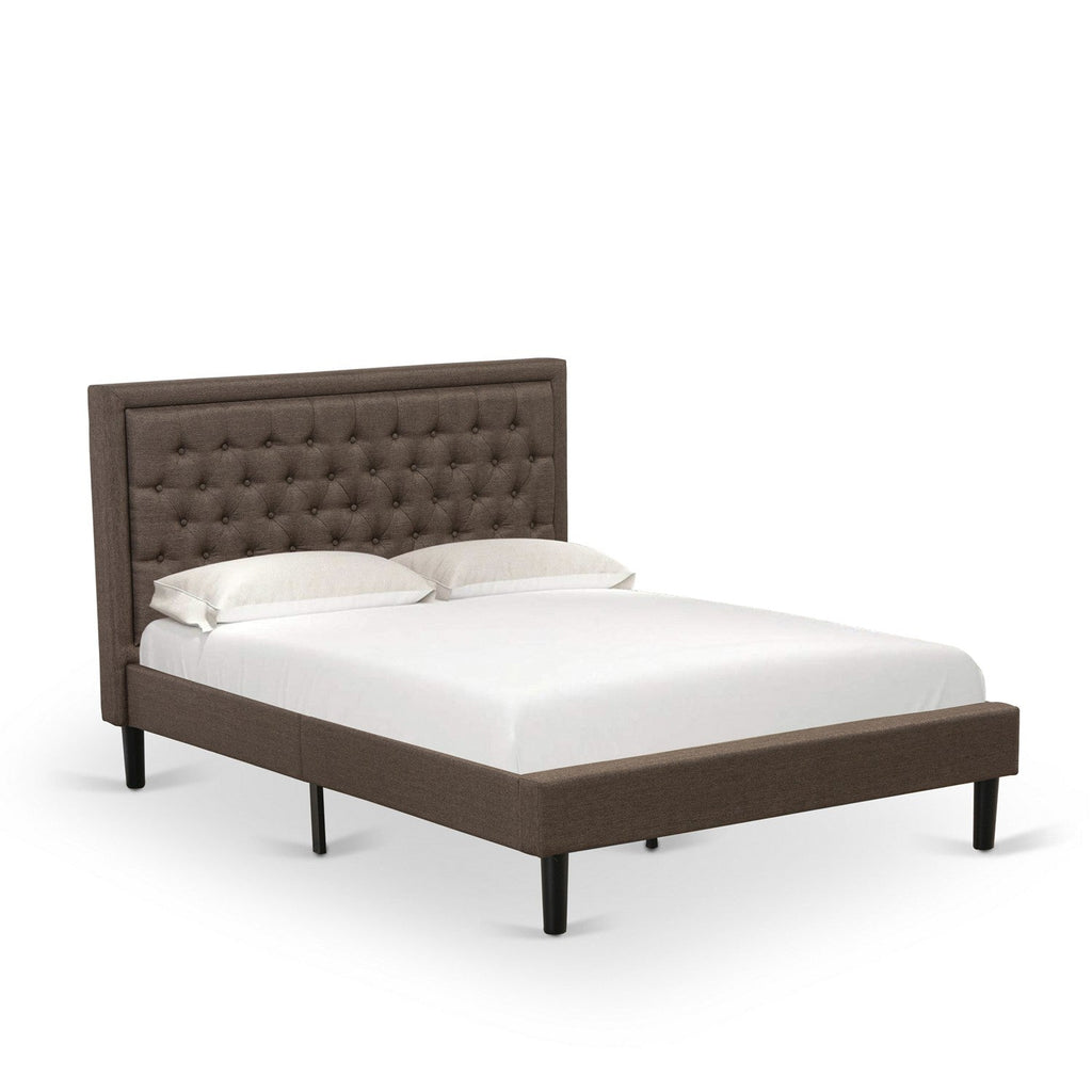 East West Furniture KD18Q-2BF07 3 Piece Queen Bed Set - 1 Queen Platform Bed Frame Brown Linen Fabric Padded and Button Tufted Headboard with 2 Small Nightstand - Black Finish Legs