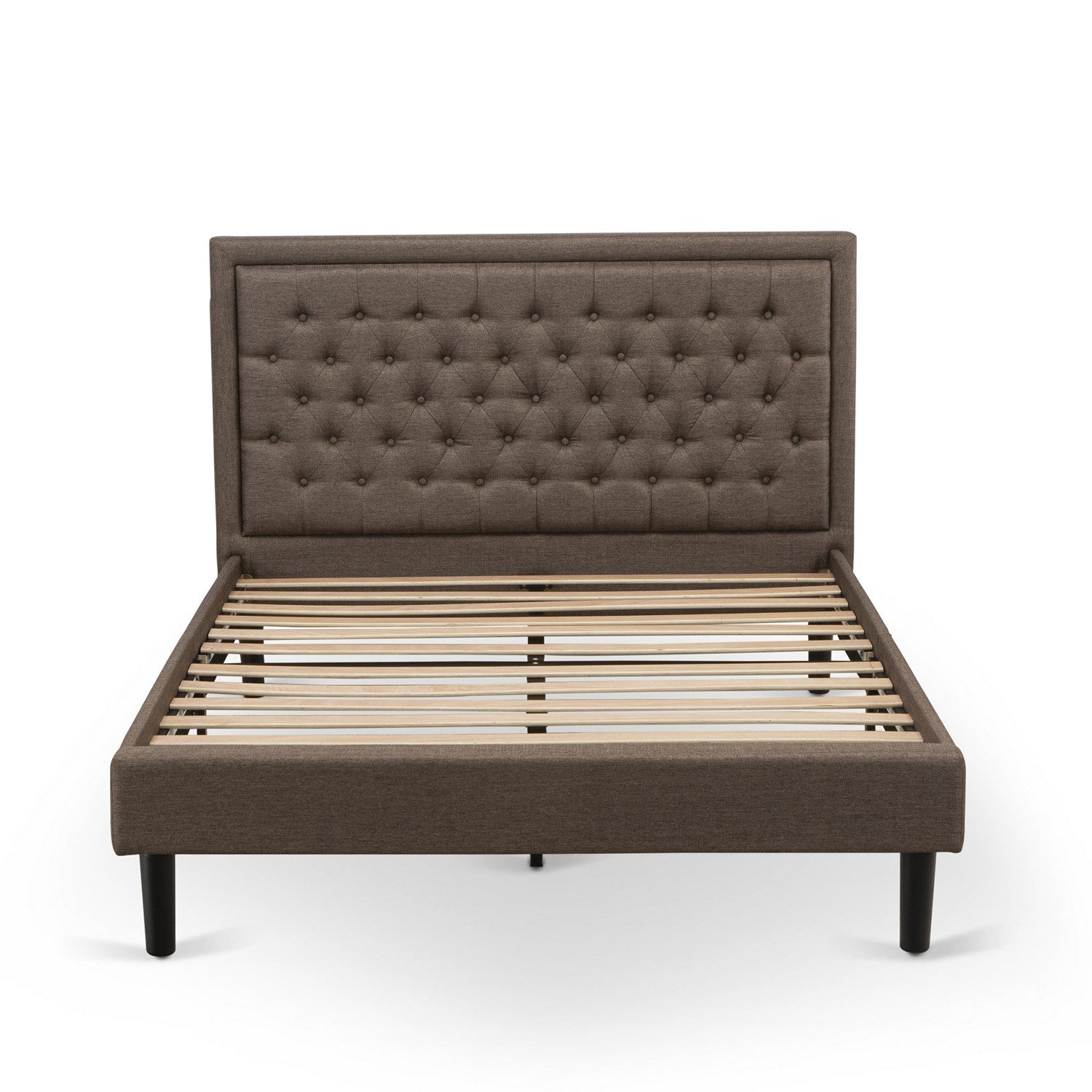 East West Furniture KD18Q-2HI07 3 Piece Bedroom Set - 1 Queen Size Platform Bed Brown Linen Fabric Padded and Button Tufted Headboard with 2 Wooden Night Stand - Distressed Jacobean Finish Nightstand