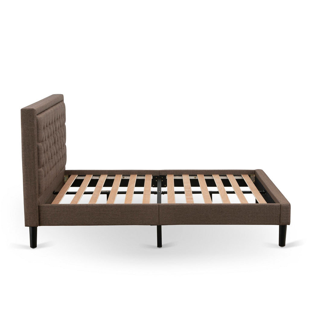 East West Furniture KDF-18-Q Platform Queen Bed Frame - Brown Linen Fabric Upholestered Bed Headboard with Button Tufted Trim Design - Black Legs