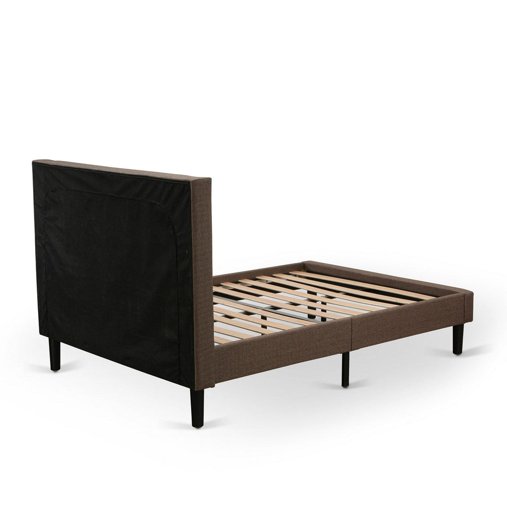 East West Furniture KD18Q-2BF08 3 Piece Bed Set - 1 Platform Queen Bed Frame Brown Linen Fabric Padded and Button Tufted Headboard with 2 Mid Century Modern Nightstand - Black Finish Legs