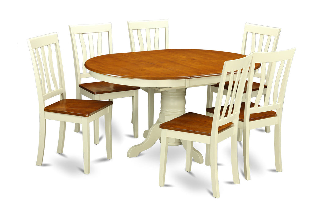 Juego de mesa de cocina de 7 piezas East West Furniture KEAN7-WHI-W compuesto por una mesa de comedor ovalada con hojas de mariposa y 6 sillas de comedor.