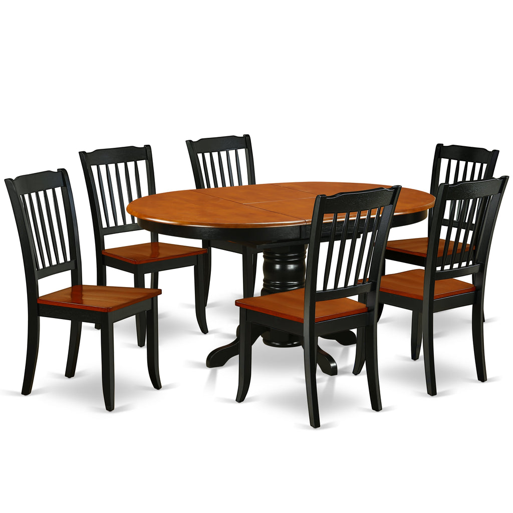 Juego de comedor de 7 piezas KEDA7-BCH-W de East West Furniture. Consta de una mesa de comedor ovalada con hojas de mariposa y 6 sillas con asiento de madera.
