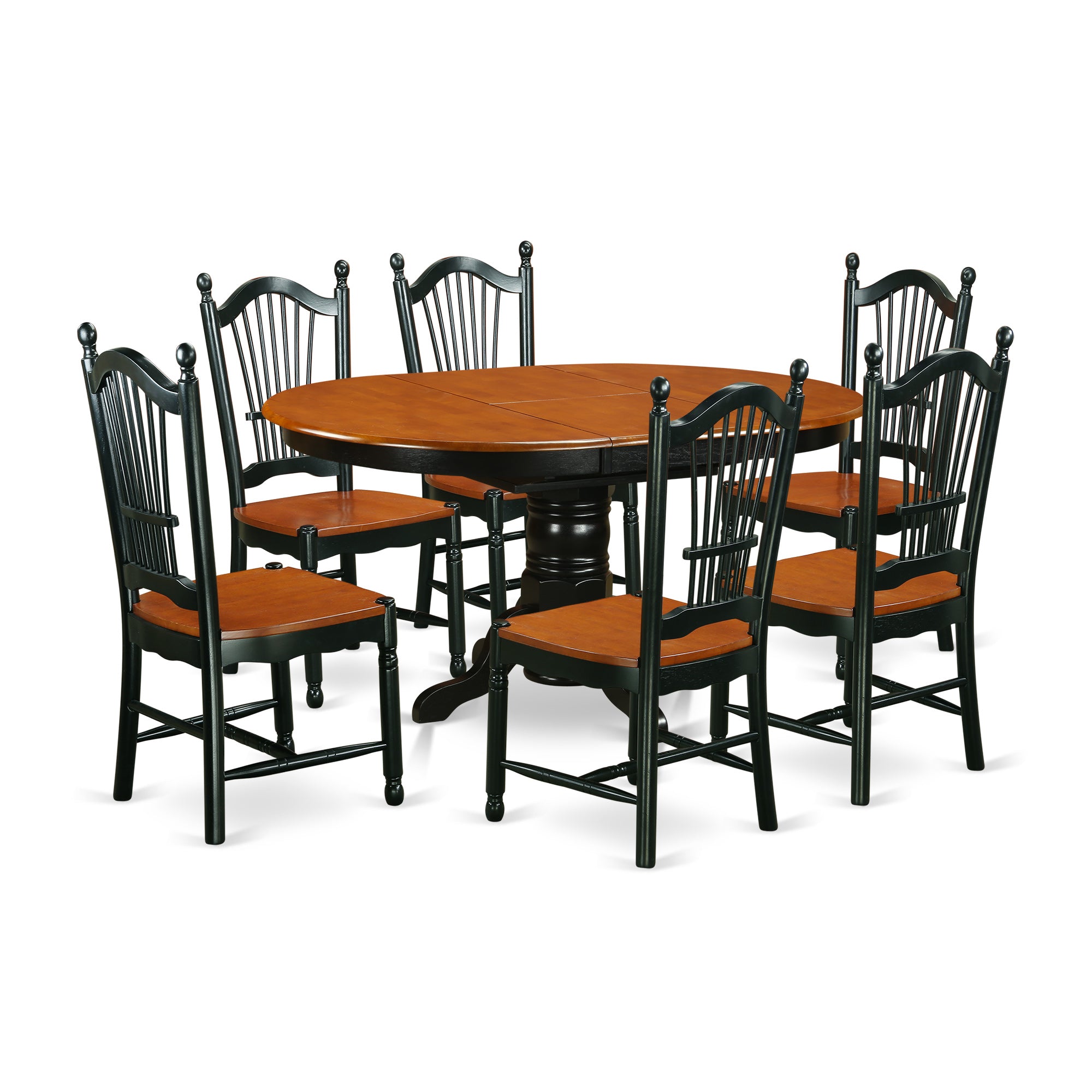 Juego de mesa de comedor de 7 piezas East West Furniture KEDO7-BCH-W compuesto por una mesa ovalada de madera con hojas de mariposa y 6 sillas de comedor de cocina.