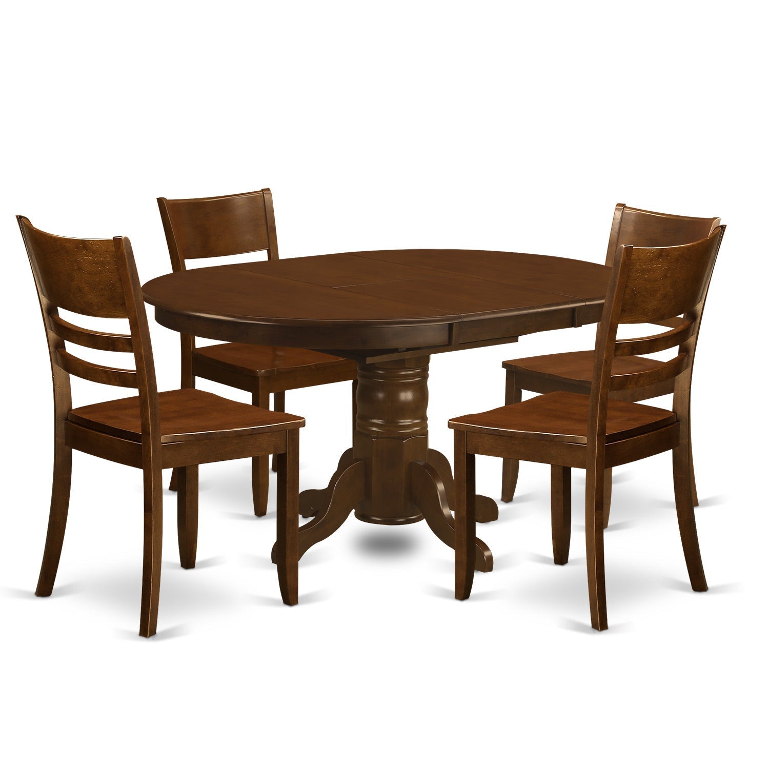 Juego de comedor de 5 piezas East West Furniture KELY5-ESP-W para 4 personas. Incluye una mesa de comedor ovalada con diseño de hojas de mariposa y 4 sillas de comedor de cocina.