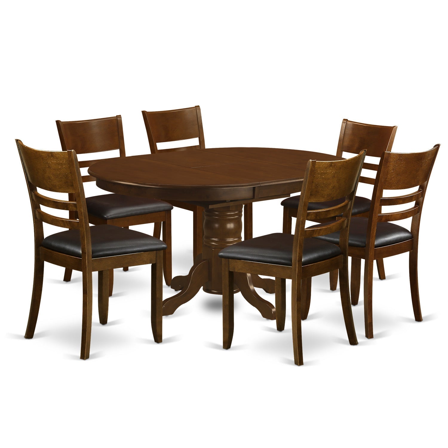 Juego de mesa y sillas de cocina de 7 piezas KELY7-ESP-LC de East West Furniture. Consta de una mesa de comedor ovalada con hojas de mariposa y 6 sillas de comedor de piel sintética.
