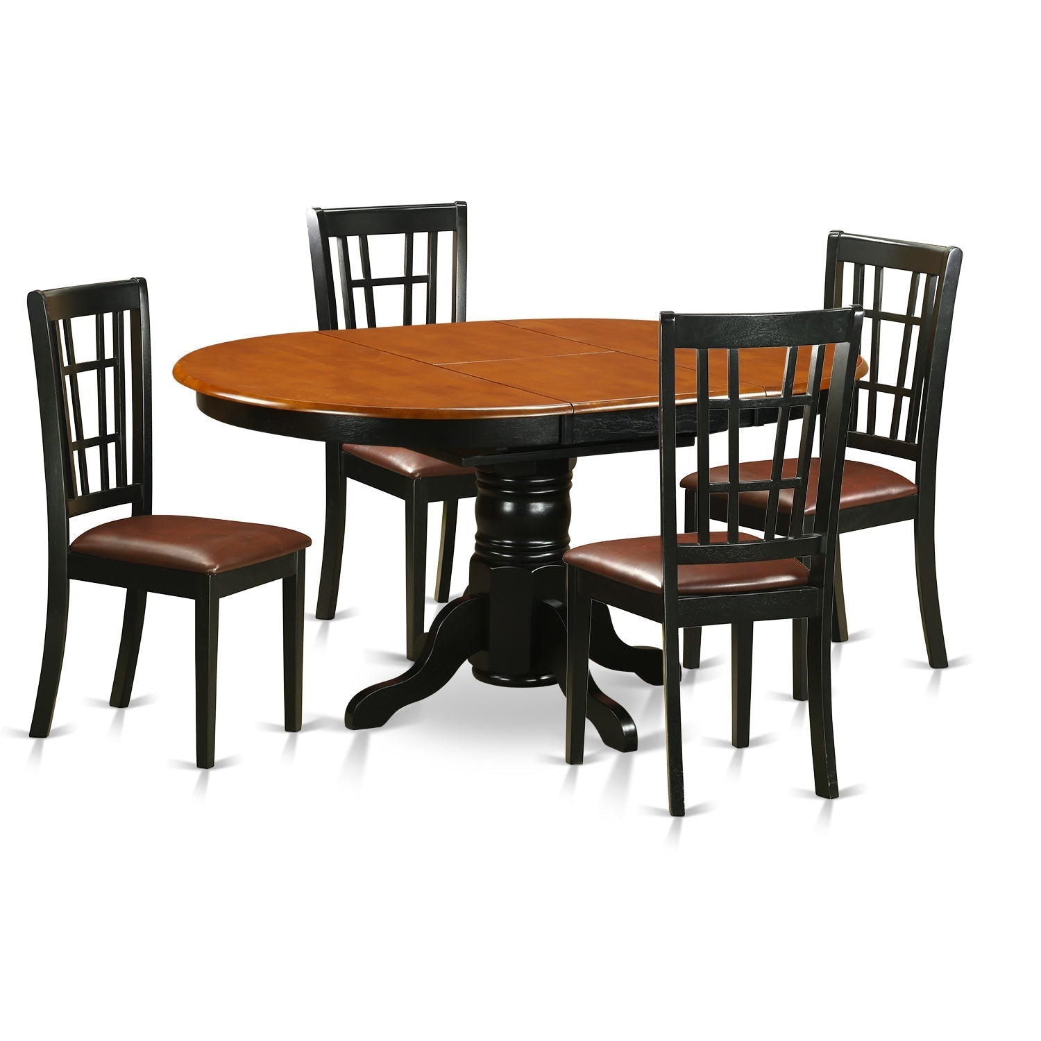 El juego de muebles de comedor de 5 piezas KENI5-BCH-LC de East West Furniture incluye una mesa ovalada de madera con hojas de mariposa y 4 sillas de comedor de cocina de cuero sintético.