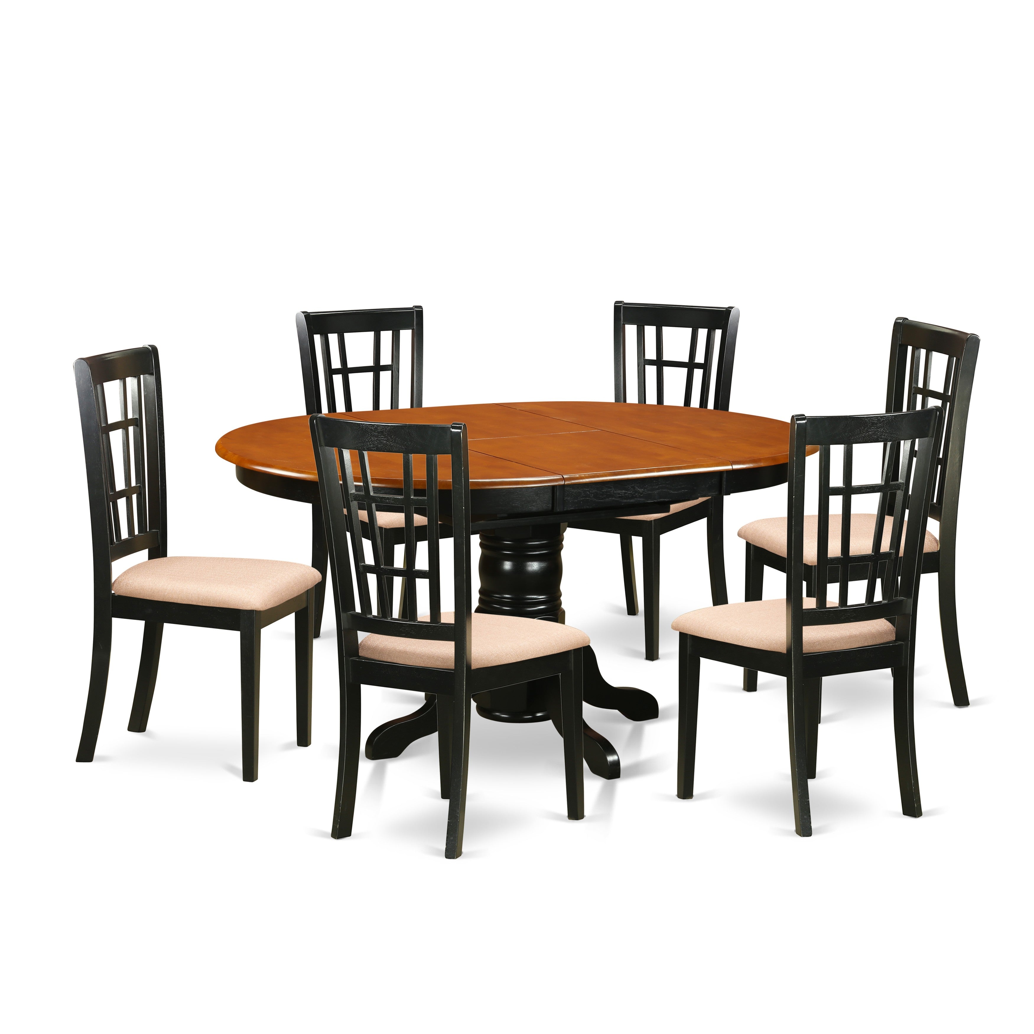 Juego de mesa de comedor moderna de 7 piezas KENI7-BCH-C de East West Furniture. Consta de una mesa ovalada de madera con hojas de mariposa y 6 sillas de comedor tapizadas en tela de lino.
