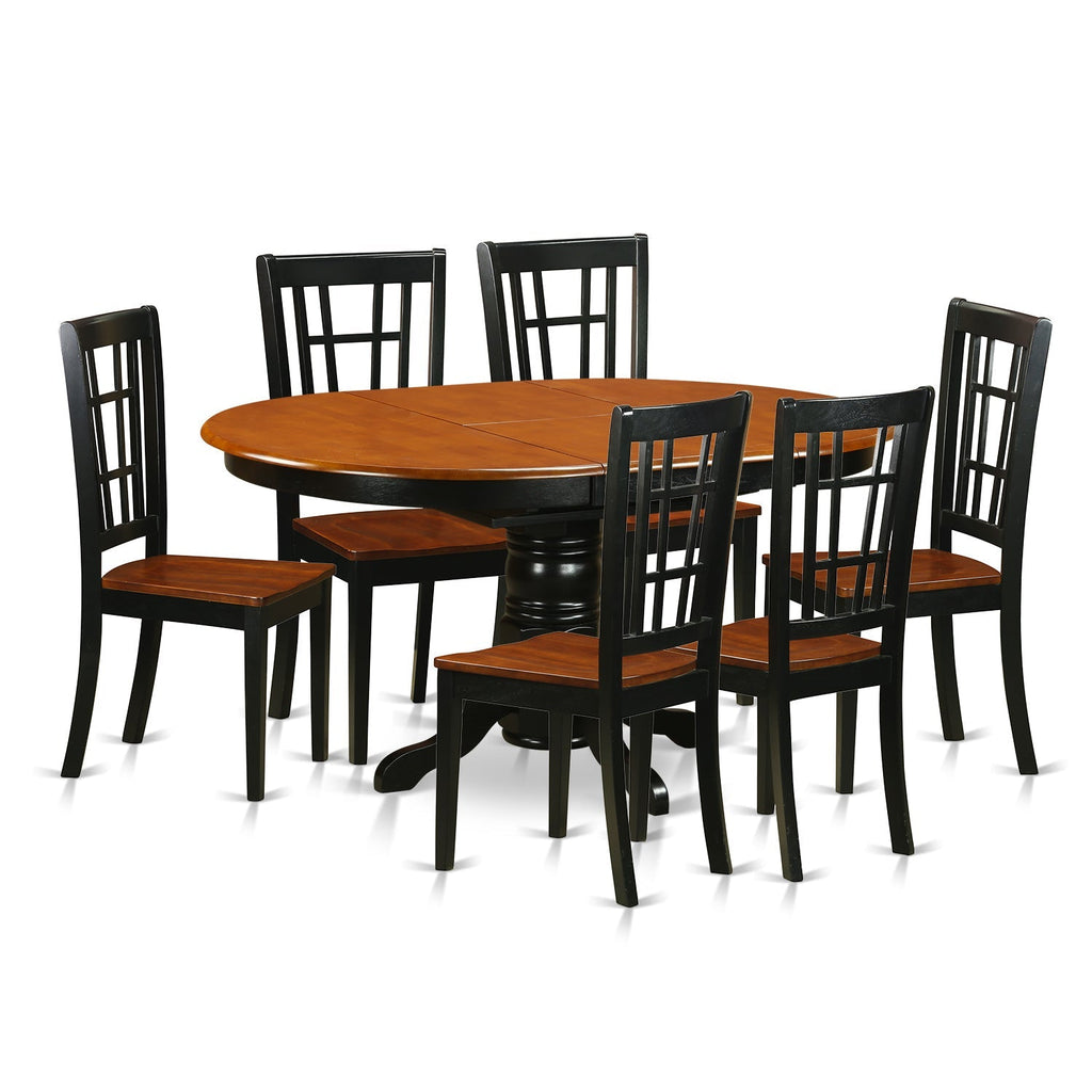 Juego de mesa de comedor moderna de 7 piezas KENI7-BCH-W de East West Furniture. Consta de una mesa ovalada de madera con hojas de mariposa y 6 sillas de comedor.