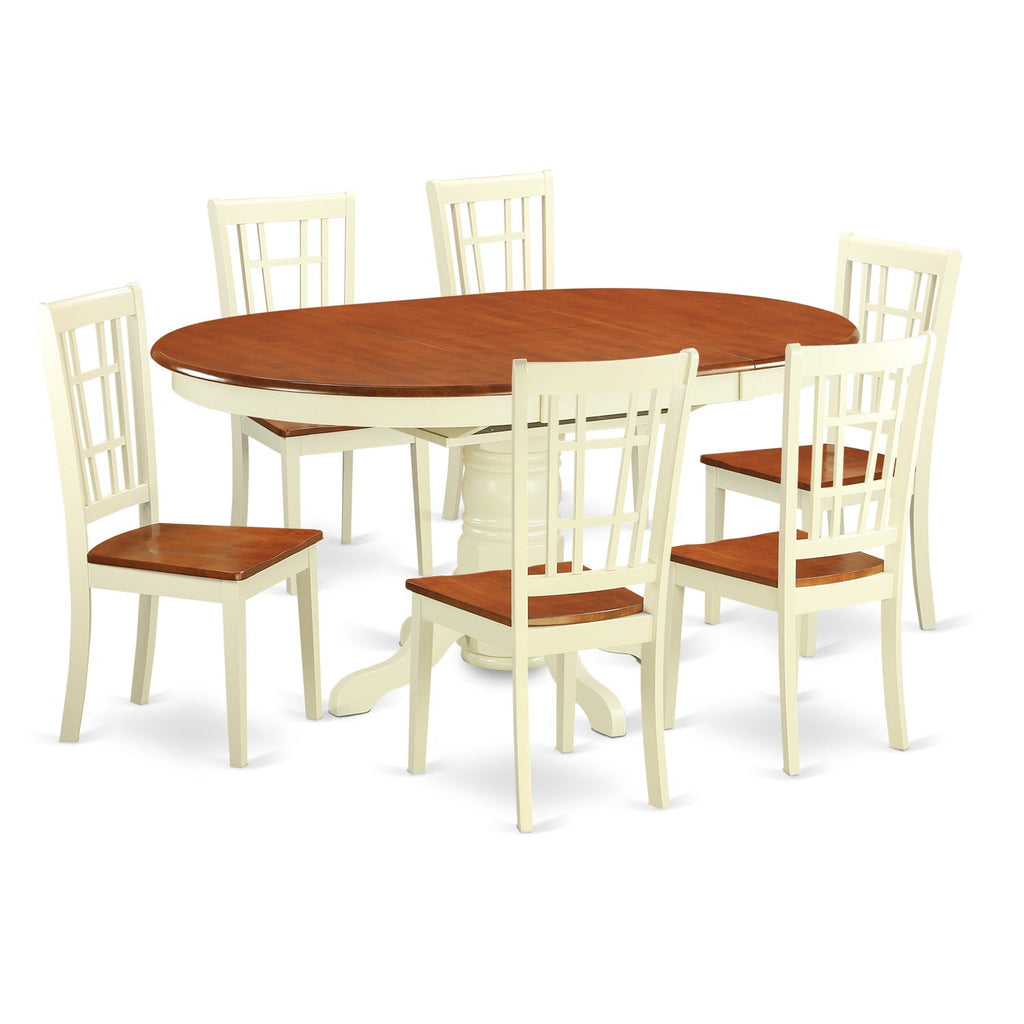 Juego de mesa de comedor East West Furniture KENI7-WHI-W de 7 piezas compuesto por una mesa ovalada de madera con hojas de mariposa y 6 sillas de comedor de cocina.