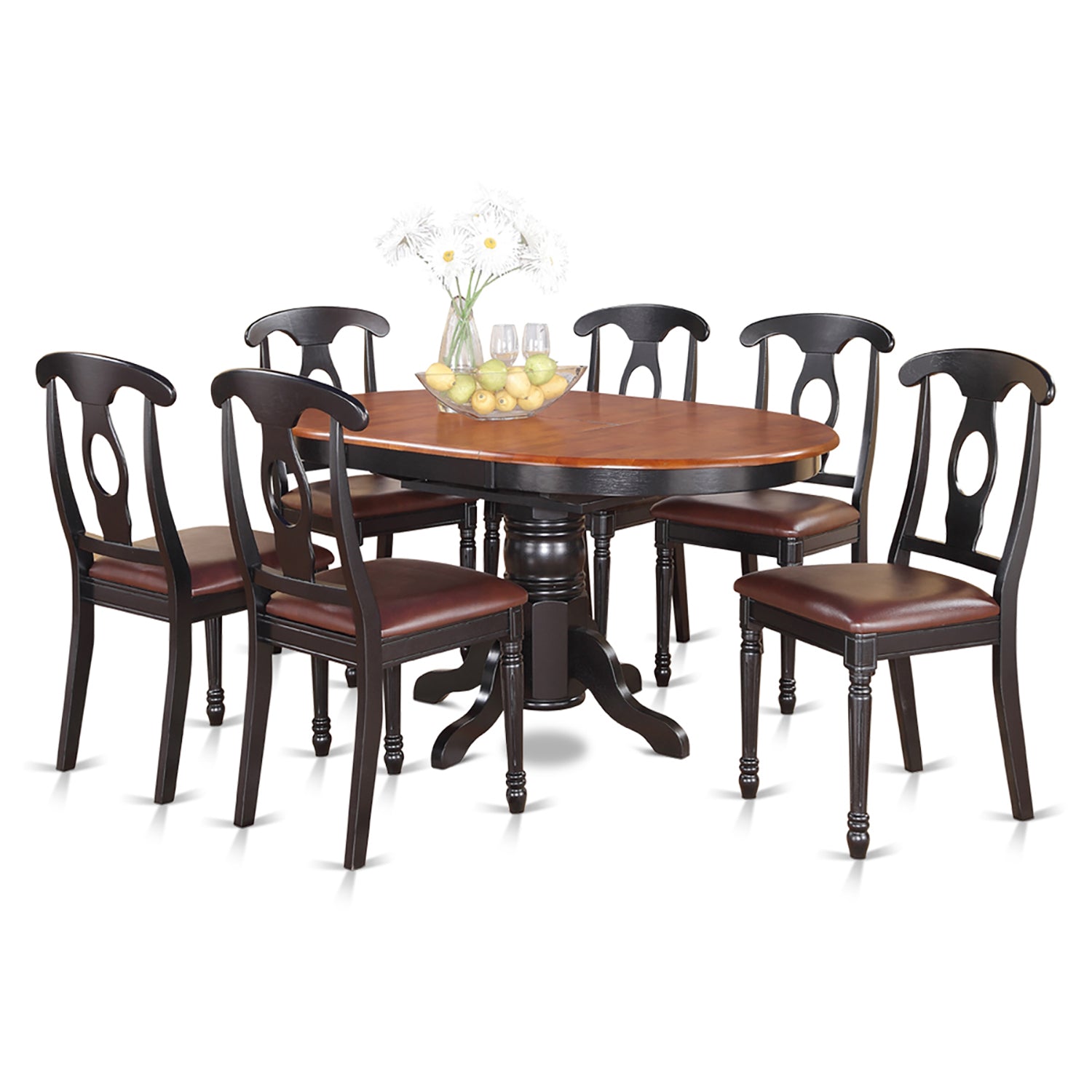 Juego de mesa de comedor moderna East West Furniture KENL7-BLK-LC de 7 piezas compuesto por una mesa ovalada de madera con hojas de mariposa y 6 sillas de comedor tapizadas en piel sintética.