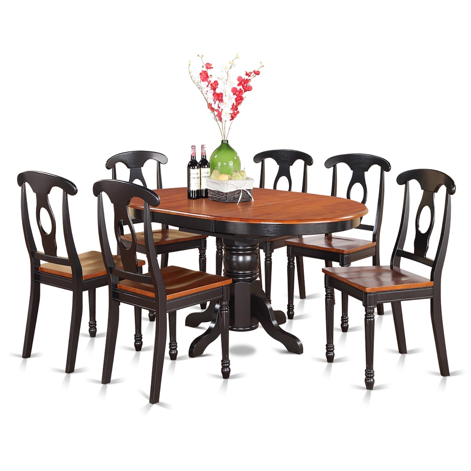 Juego de mesa de comedor moderna East West Furniture KENL7-BLK-W de 7 piezas compuesto por una mesa ovalada de madera con hojas de mariposa y 6 sillas de comedor de cocina.