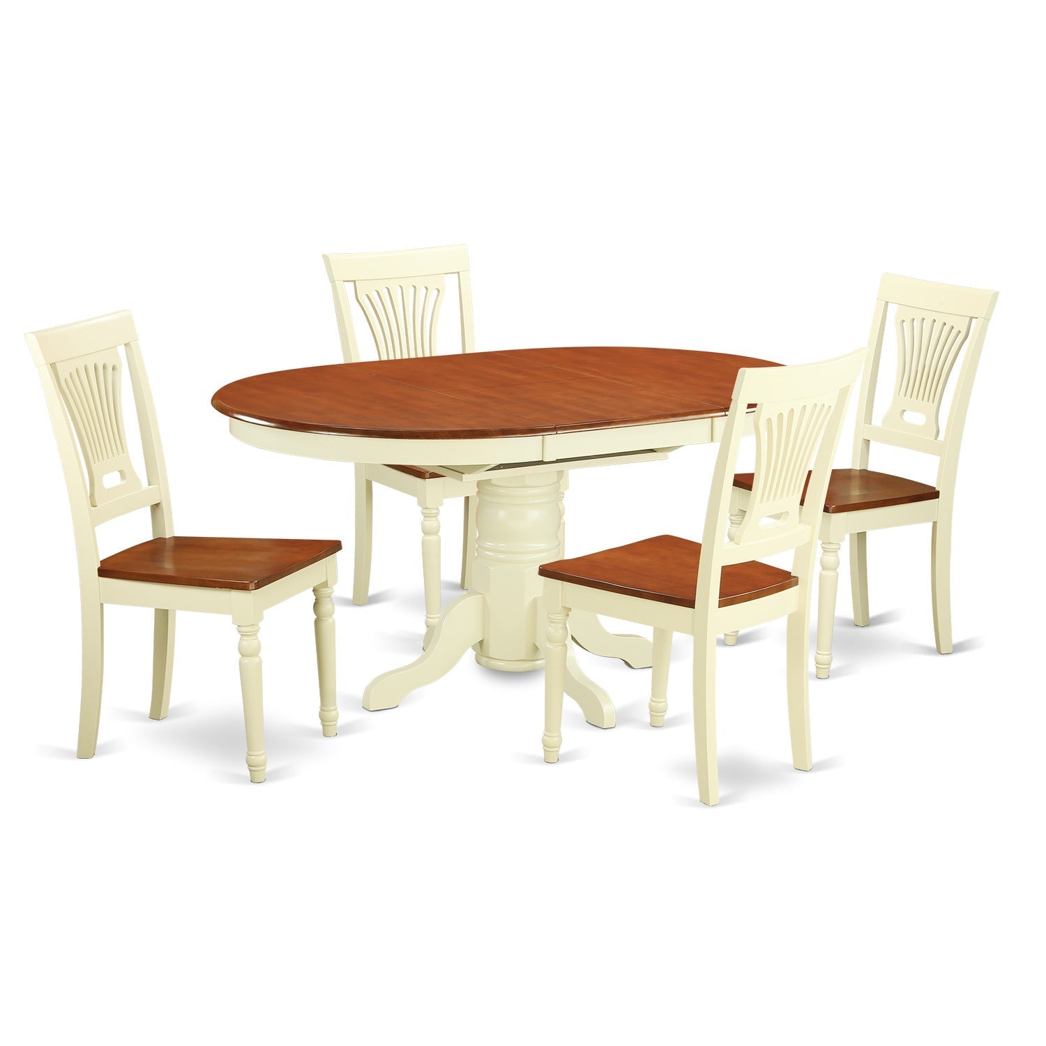 El juego de mesa y sillas de cocina de 5 piezas KEPL5-WHI-W de East West Furniture incluye una mesa de comedor ovalada con hojas de mariposa y 4 sillas con asiento de madera maciza.