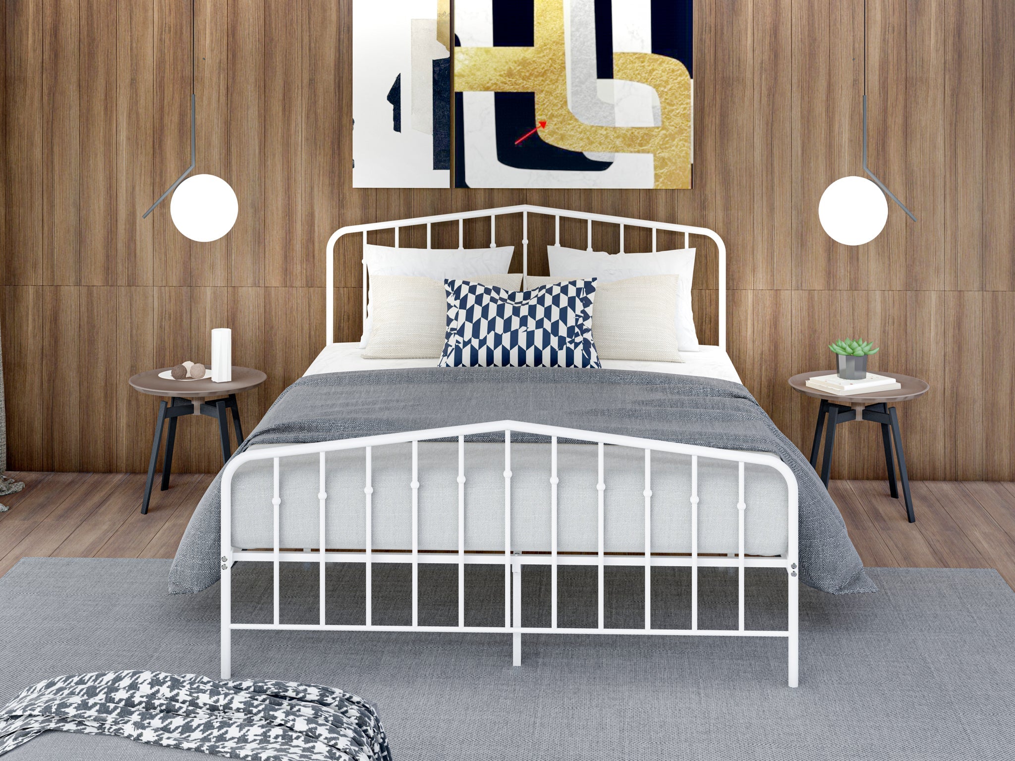 East West Furniture KHFBWHI Kemah Full Bed Frame with 3 Supporting Metal Legs - Deluxe Bed in Powder Coating Linen white Color