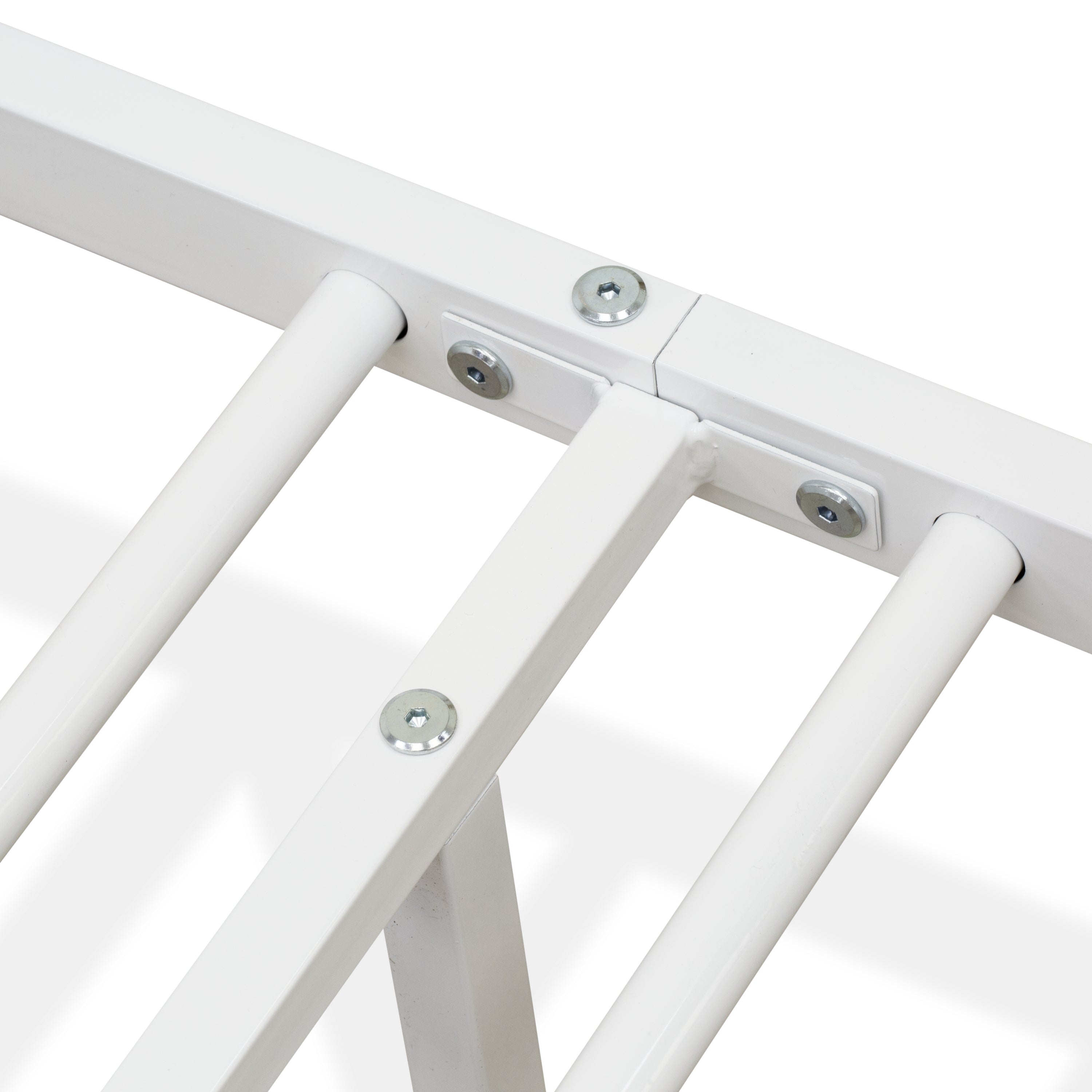 East West Furniture KHFBWHI Kemah Full Bed Frame with 3 Supporting Metal Legs - Deluxe Bed in Powder Coating Linen white Color