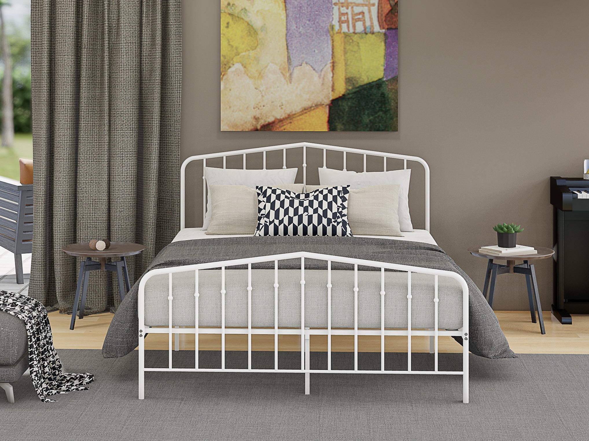 East West Furniture KHQBWHI Kemah Queen Platform Bed with 4 Metal Legs - Magnificent Bed in Powder Coating Linen white Color