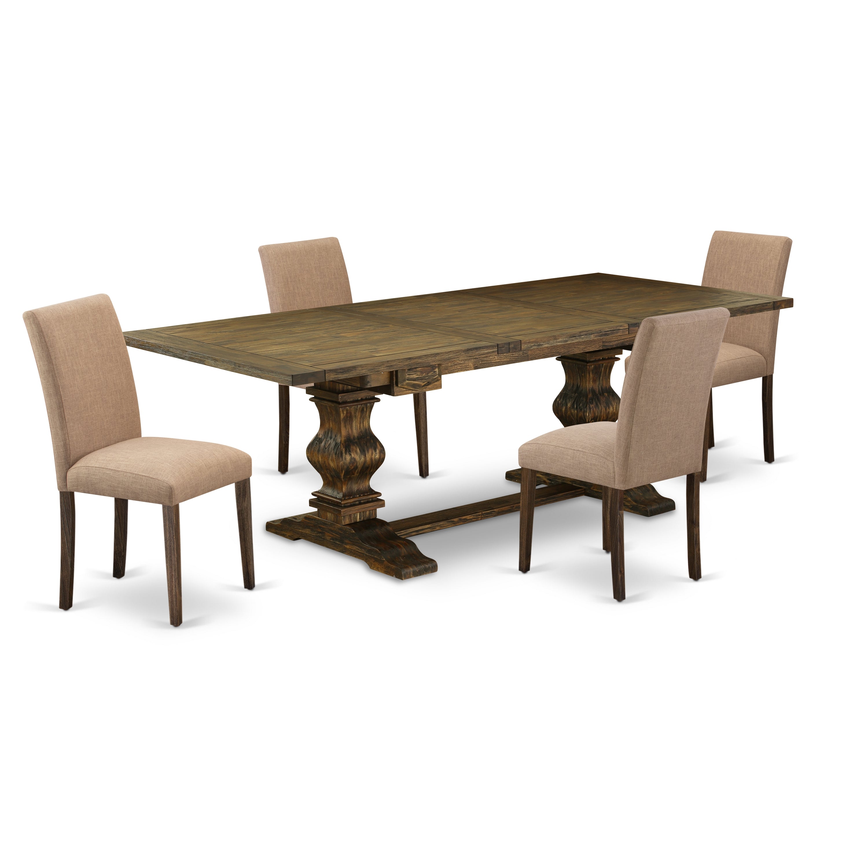 Juego de comedor de 5 piezas East West Furniture LAAB5-77-47. Incluye una mesa de comedor rectangular con hojas de mariposa y 4 sillas tapizadas en tela de lino color sable claro.