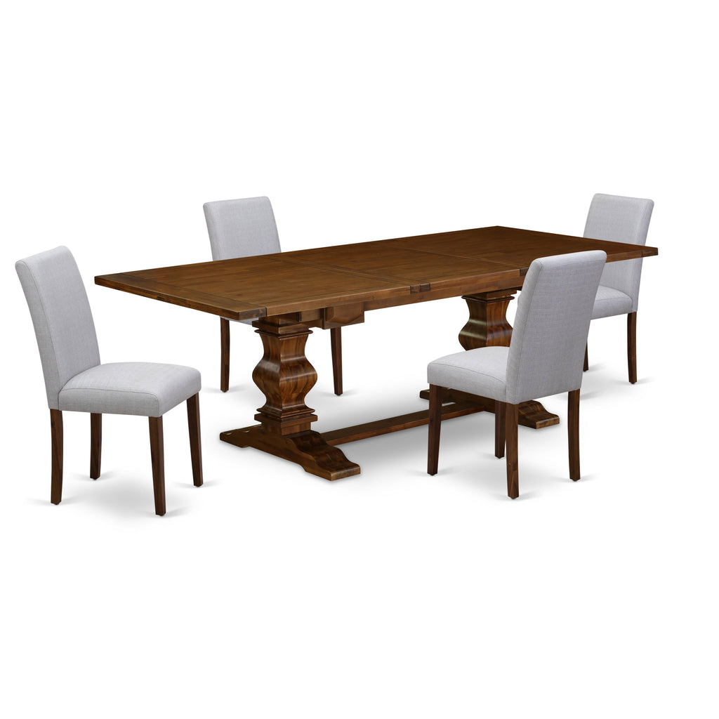 El juego de mesa de cocina de 5 piezas East West Furniture LAAB5-88-05 incluye una mesa de comedor rectangular con hojas de mariposa y 4 sillas tapizadas en tela de lino gris.