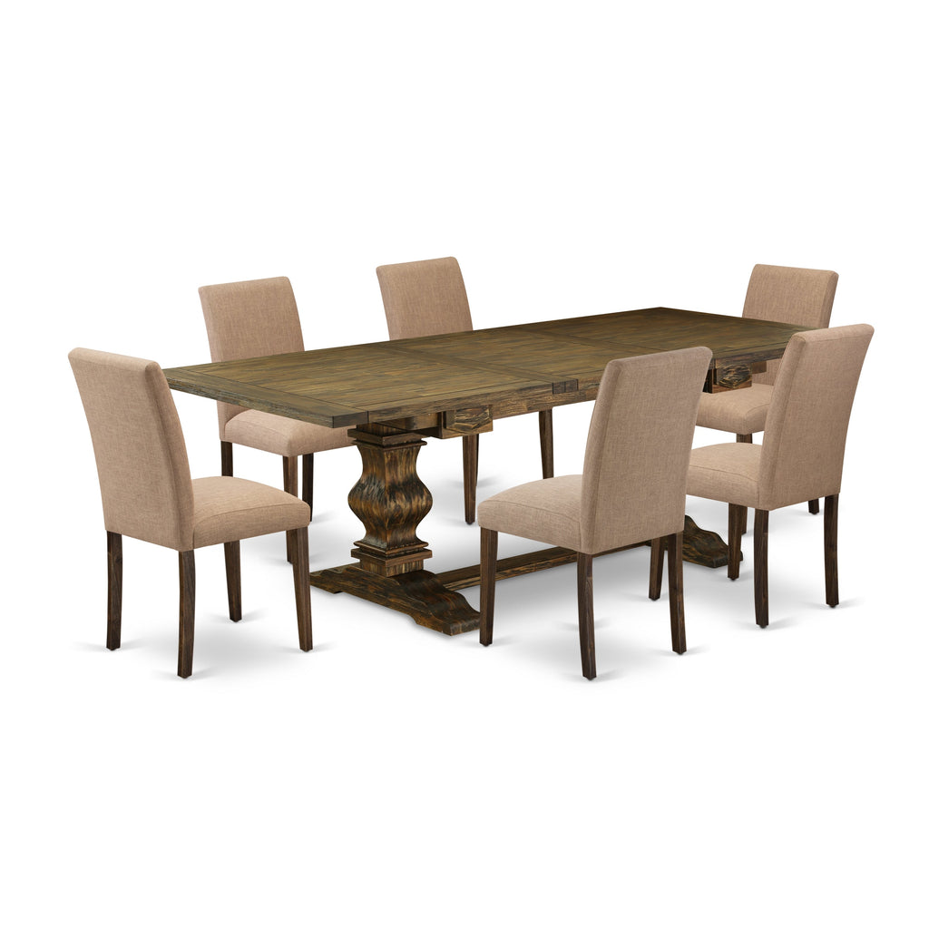 Juego de mesa de cocina de 7 piezas East West Furniture LAAB7-77-47 compuesto por una mesa de comedor rectangular con hojas de mariposa y 6 sillas Parsons de tela de lino color sable claro.