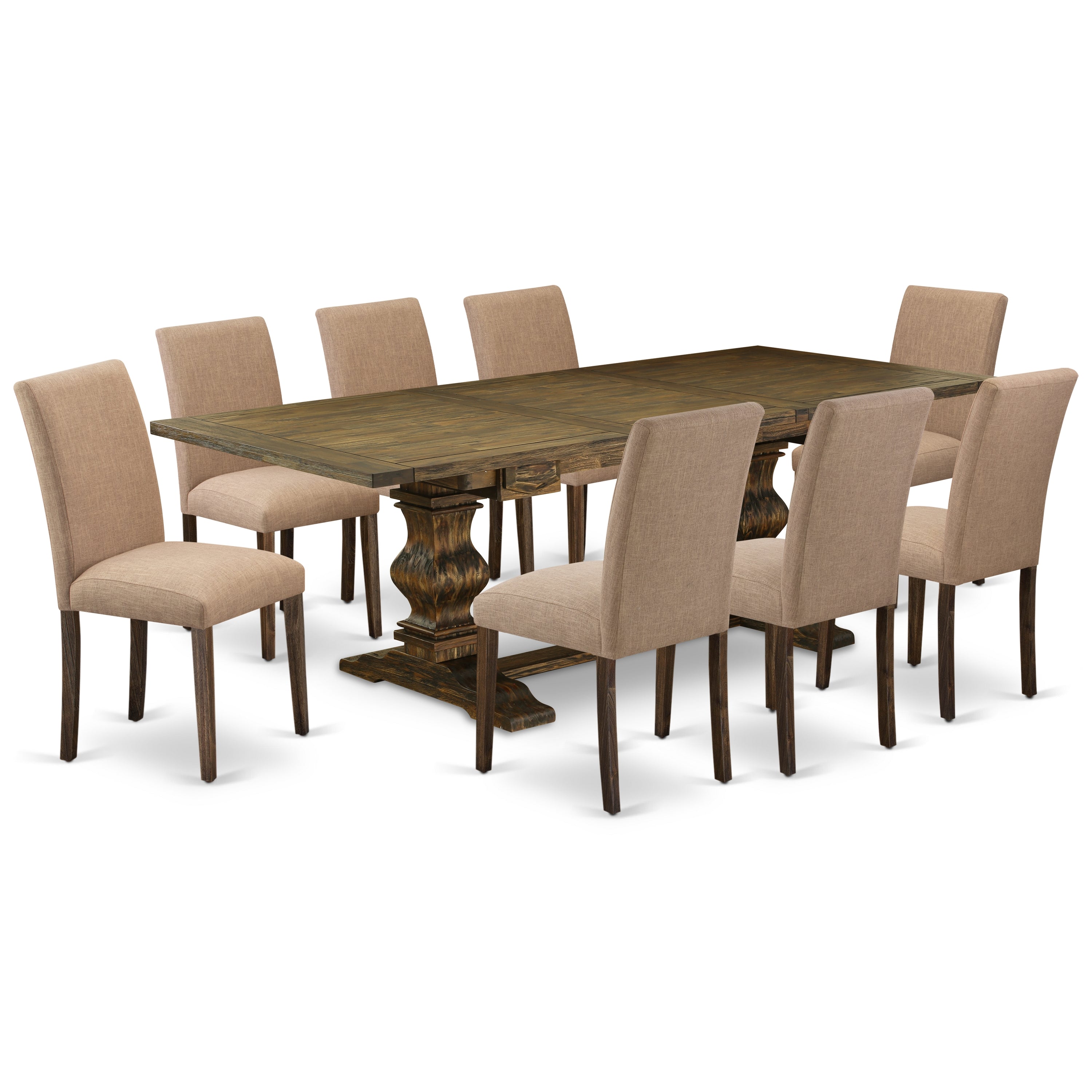 East West Furniture LAAB9-77-47 9Pc Dining Room Table Set Contains a Dinette Table and 8 Parson Dining Chairs with Light Sable Color Linen Fabric, Medium Size Table with Full Back Chairs, Distressed Jacobean Finish