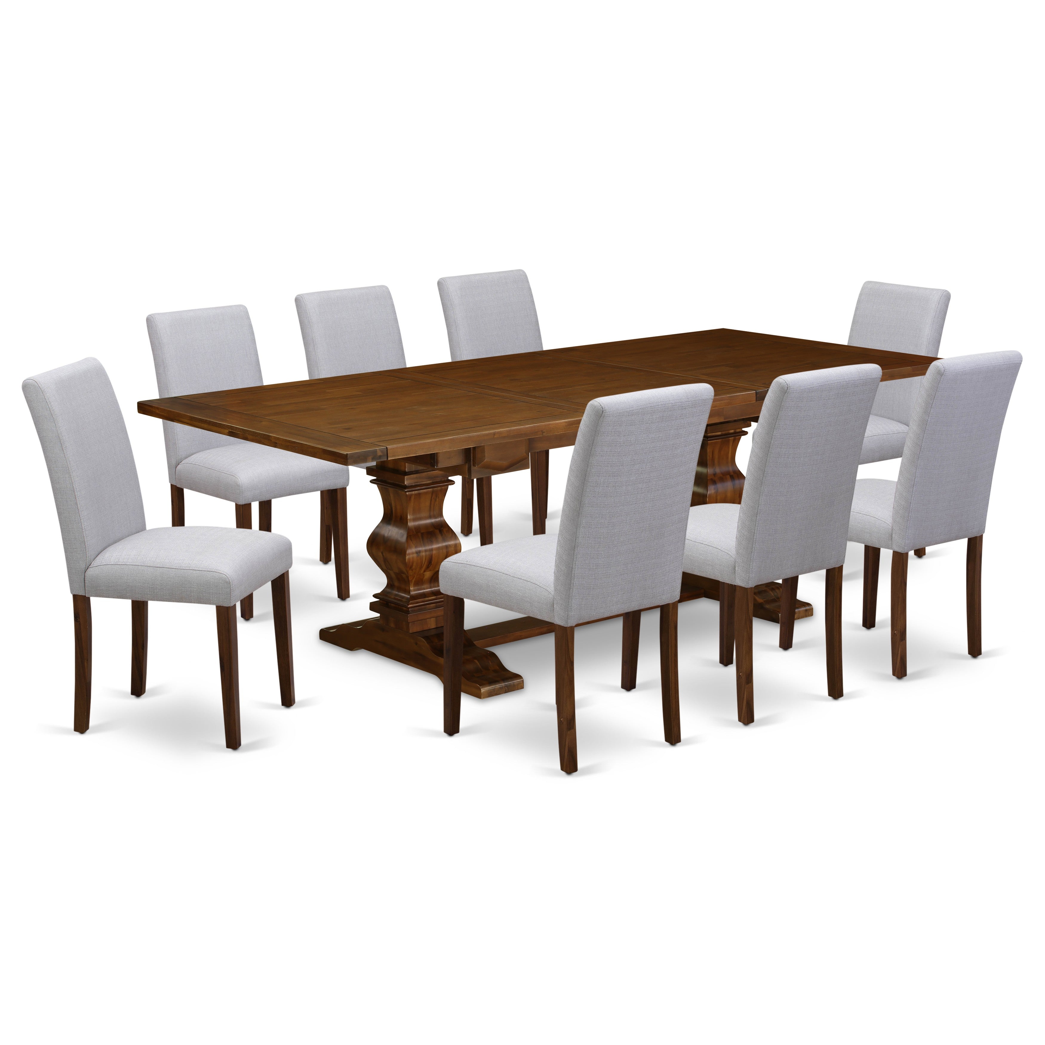 Juego de mesa de comedor de 9 piezas East West Furniture LAAB9-88-05. Incluye una mesa de comedor rectangular con hojas de mariposa y 8 sillas tapizadas en tela de lino gris.