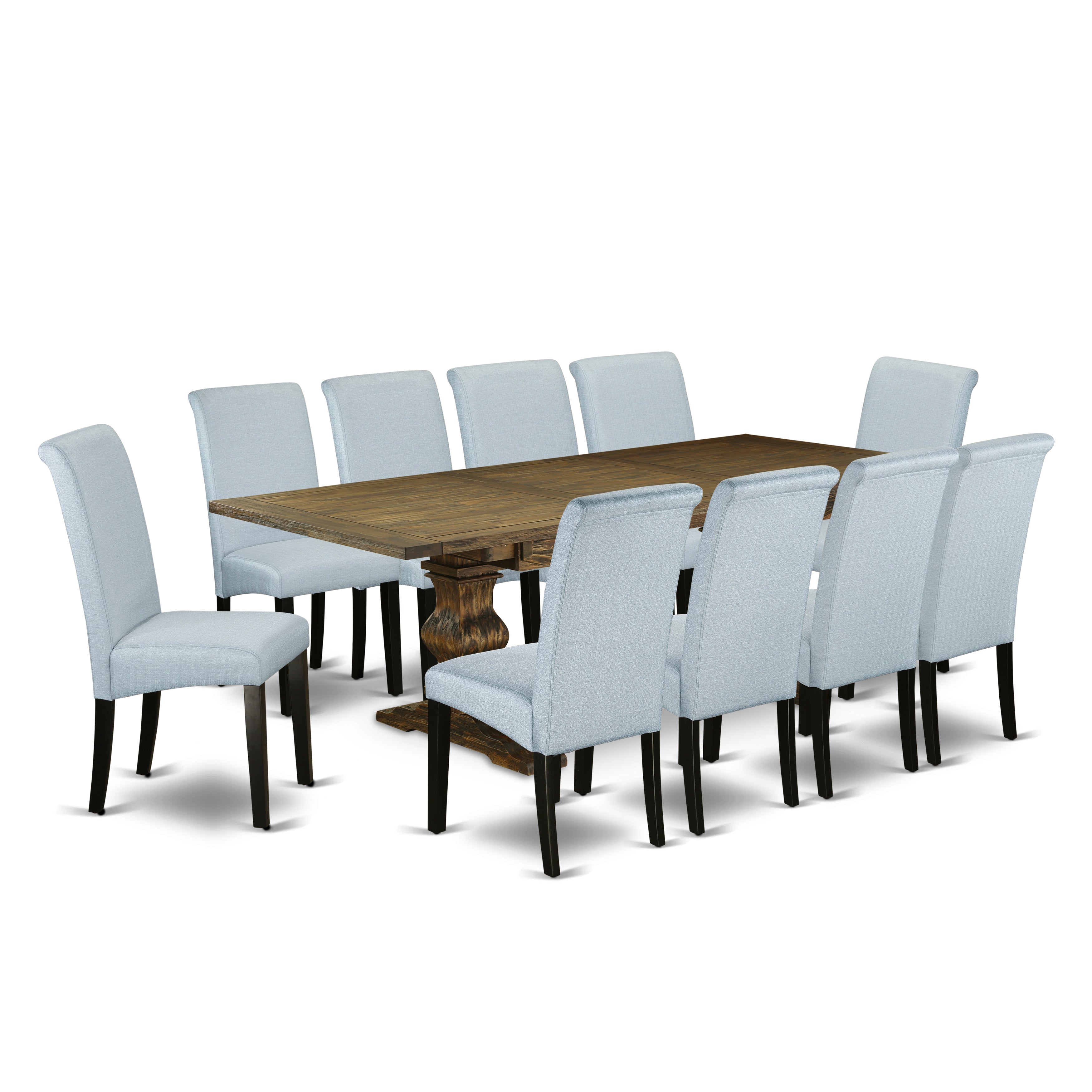 East West Furniture LABA11-71-05 11-Piece Dining Room Set Consists of a Rectangular Dining Table and 10 Grey Linen Fabric Padded Chairs with High Back - Distressed Jacobean Finish