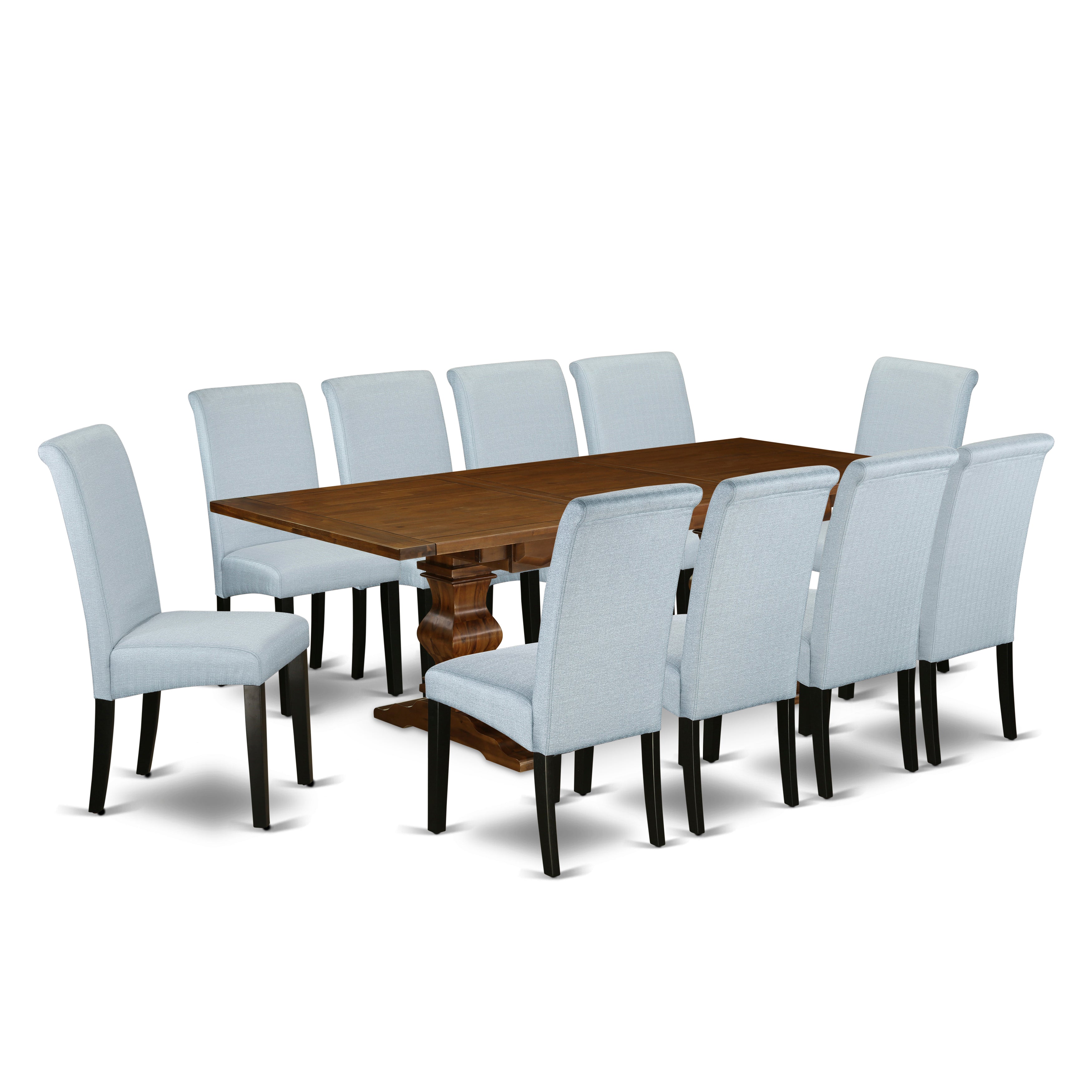 East West Furniture LABA11-81-05 11-Pieces Dining Table Set - A Removable leaf Double Pedestal Modern Dining Table and 10 Grey Linen Fabric Dining Chairs with High Back - Antique Walnut Finish
