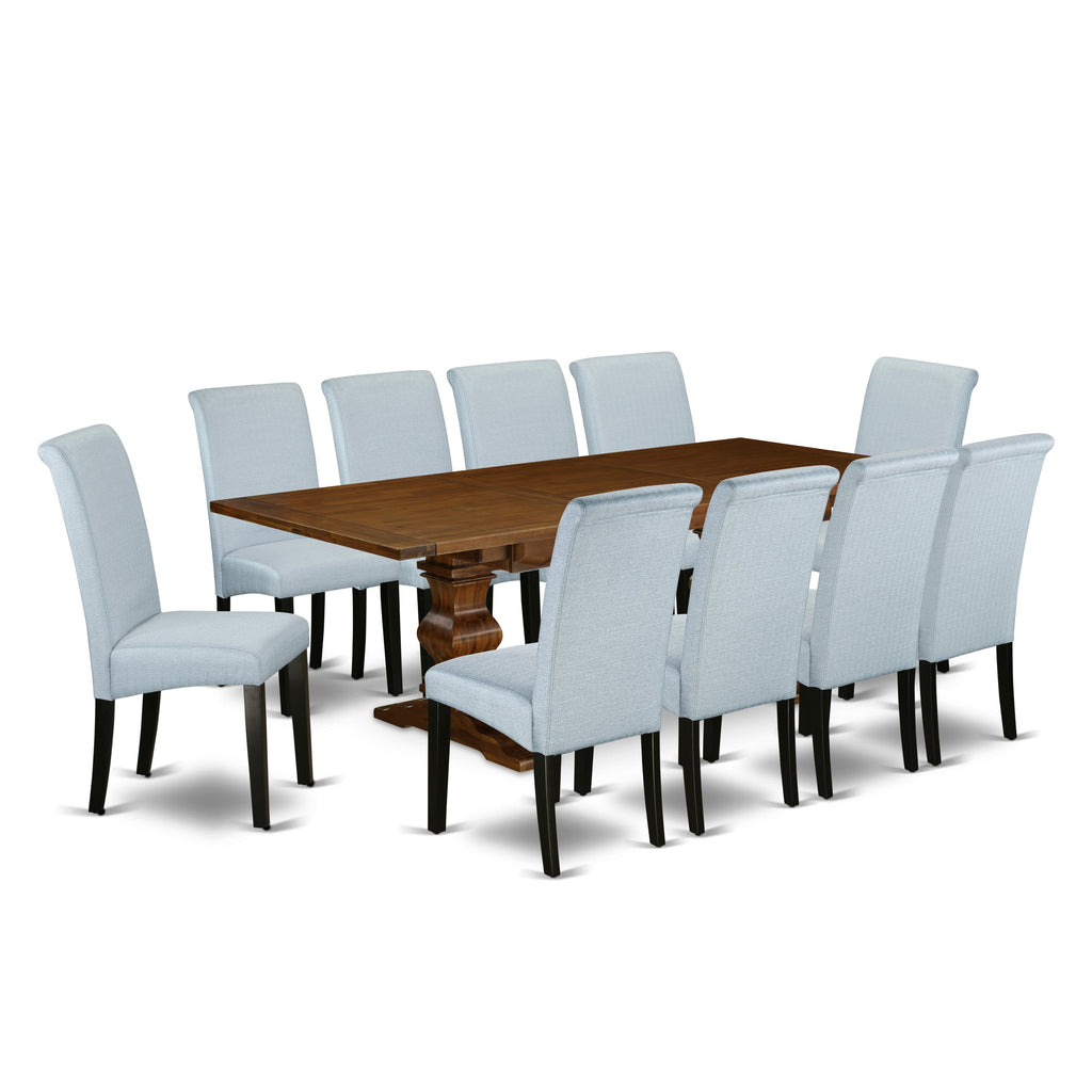 East West Furniture LABA11-81-05 11 Piece Dining Table Set Includes a Rectangle Dining Room Table with Butterfly Leaf and 10 Grey Linen Fabric Parsons Chairs, 42x92 Inch, Walnut