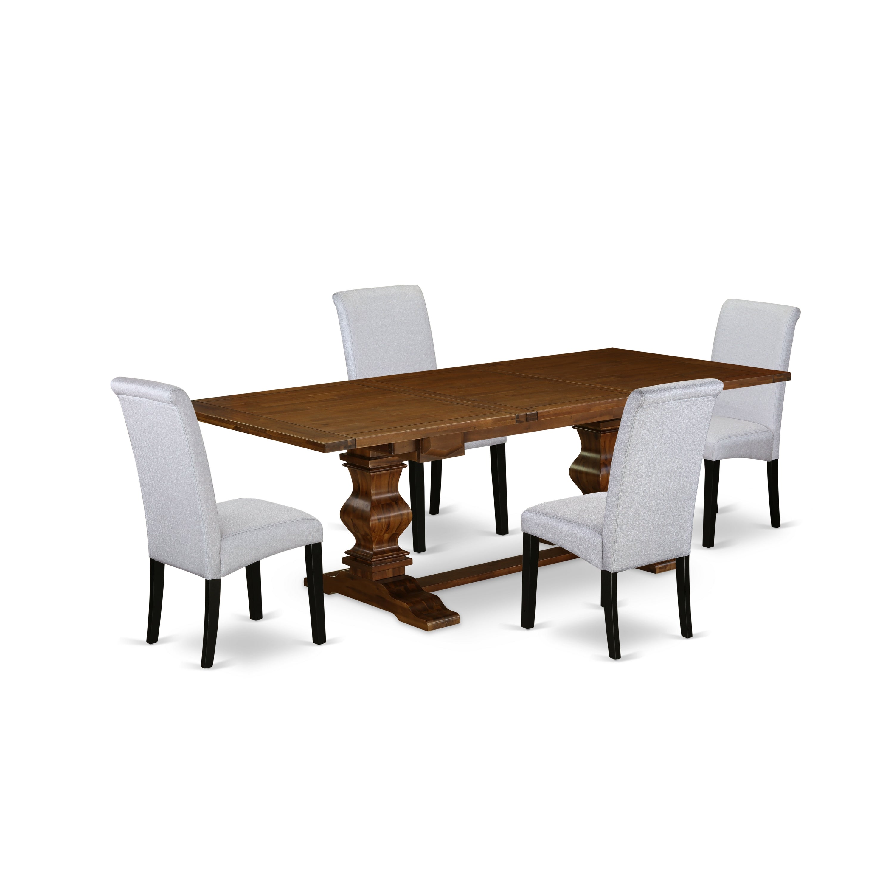 East West Furniture LABA5-81-05 5-pc wooden dining table set with Chair�s Legs and Gray Linen Fabric parson dining chairs Set of 4 and beautiful dining table - Antique Walnut and Black Finish