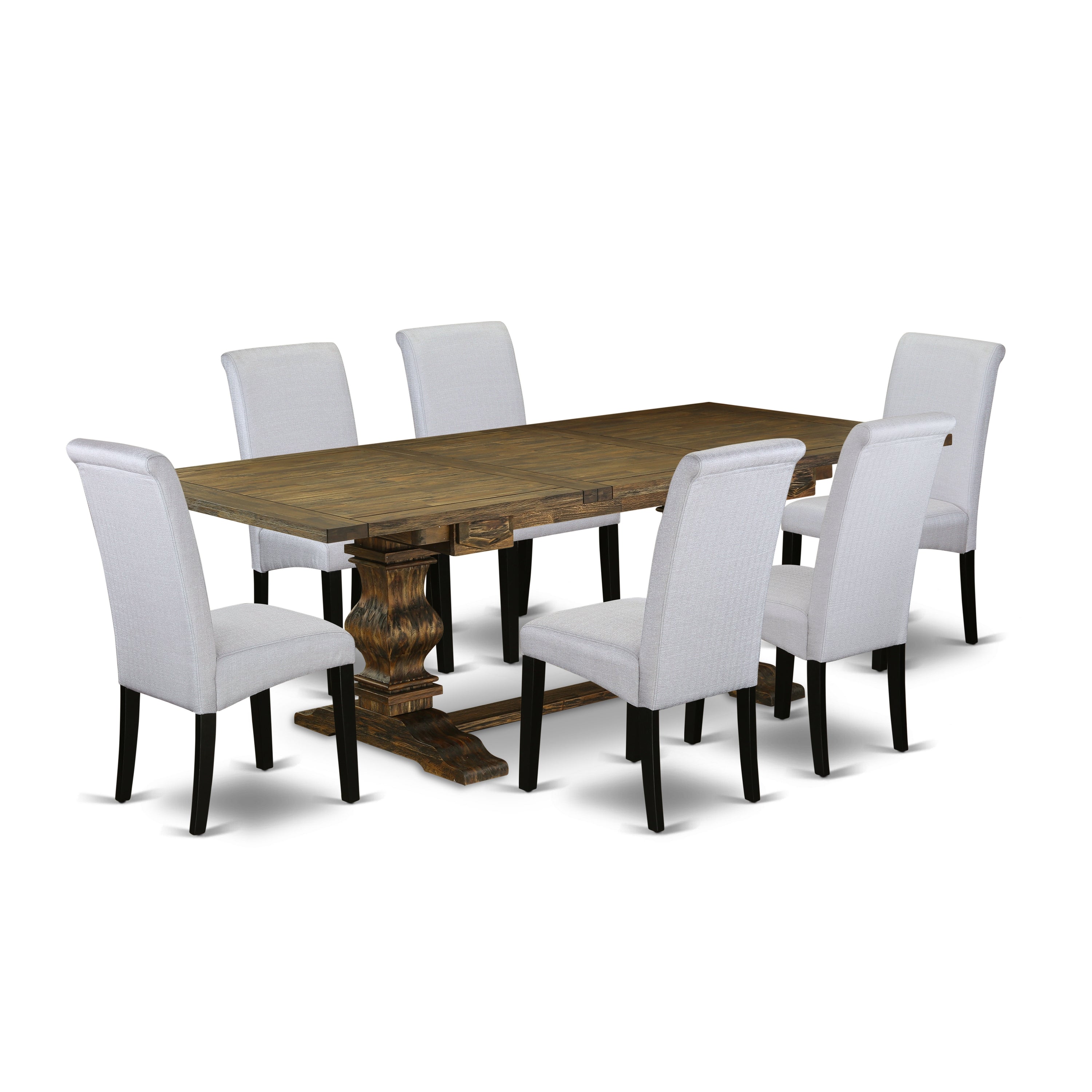 East West Furniture LABA7-71-05 7-piece wood dining table set with Chair�s Legs and Gray Linen Fabric dining chairs Set of 6 and wooden dining table - Black and Distressed Jacobean finish