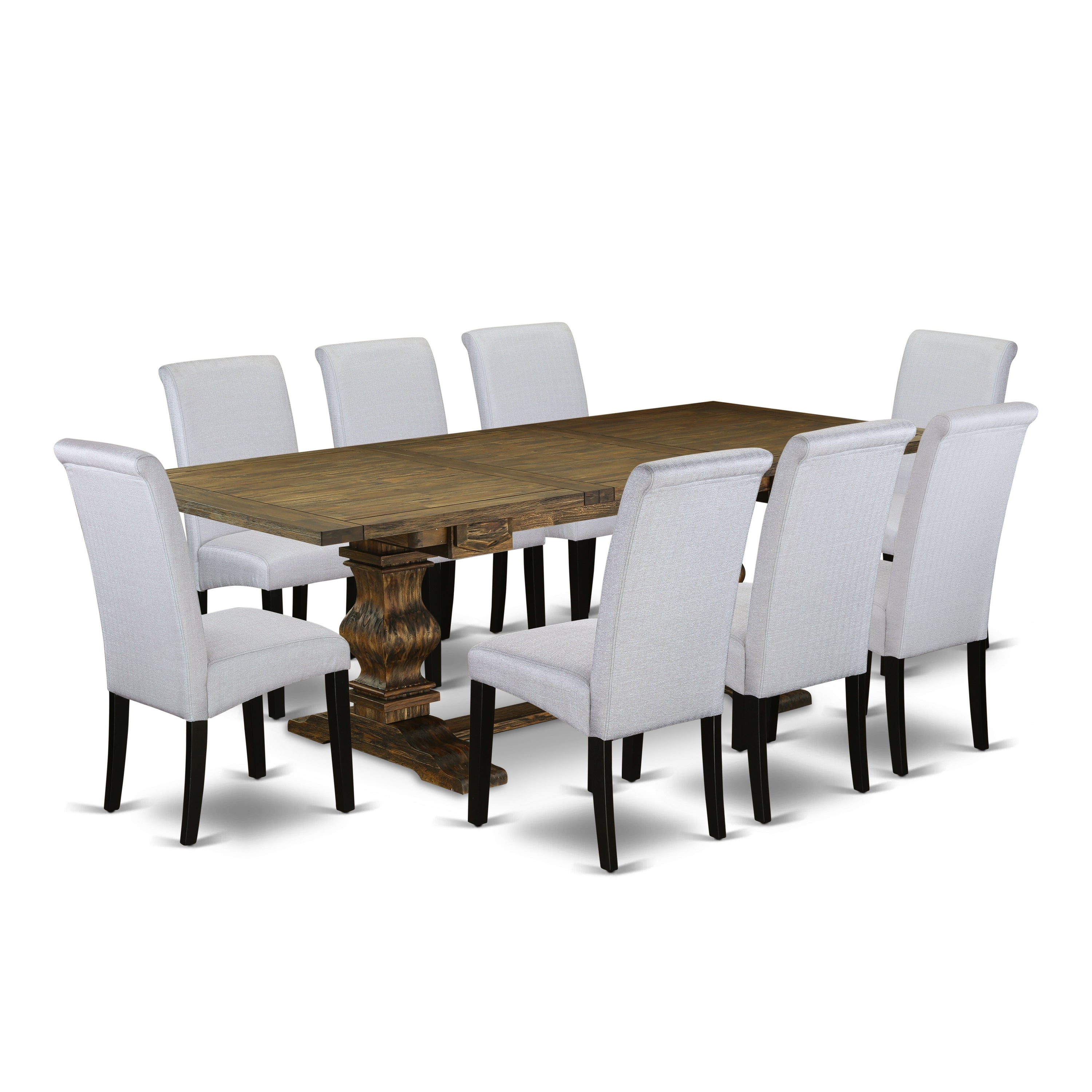 Juego de comedor de 9 piezas LABA9-71-05 de East West Furniture. Incluye una mesa de comedor rectangular con hojas de mariposa y 8 sillas tapizadas en tela de lino gris.