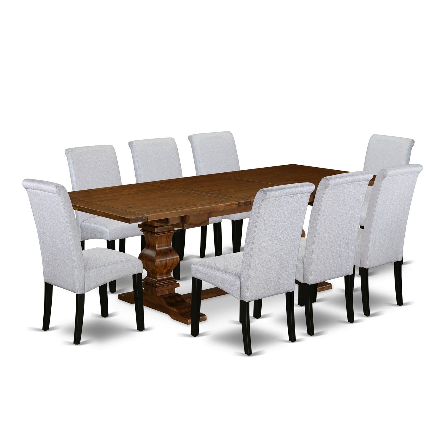 East West Furniture LABA9-81-05 9-pc kitchen table set with Chair�s Legs and Gray Linen Fabric kitchen table chairs set of eight and fantastic table - Antique Walnut and Black Finish