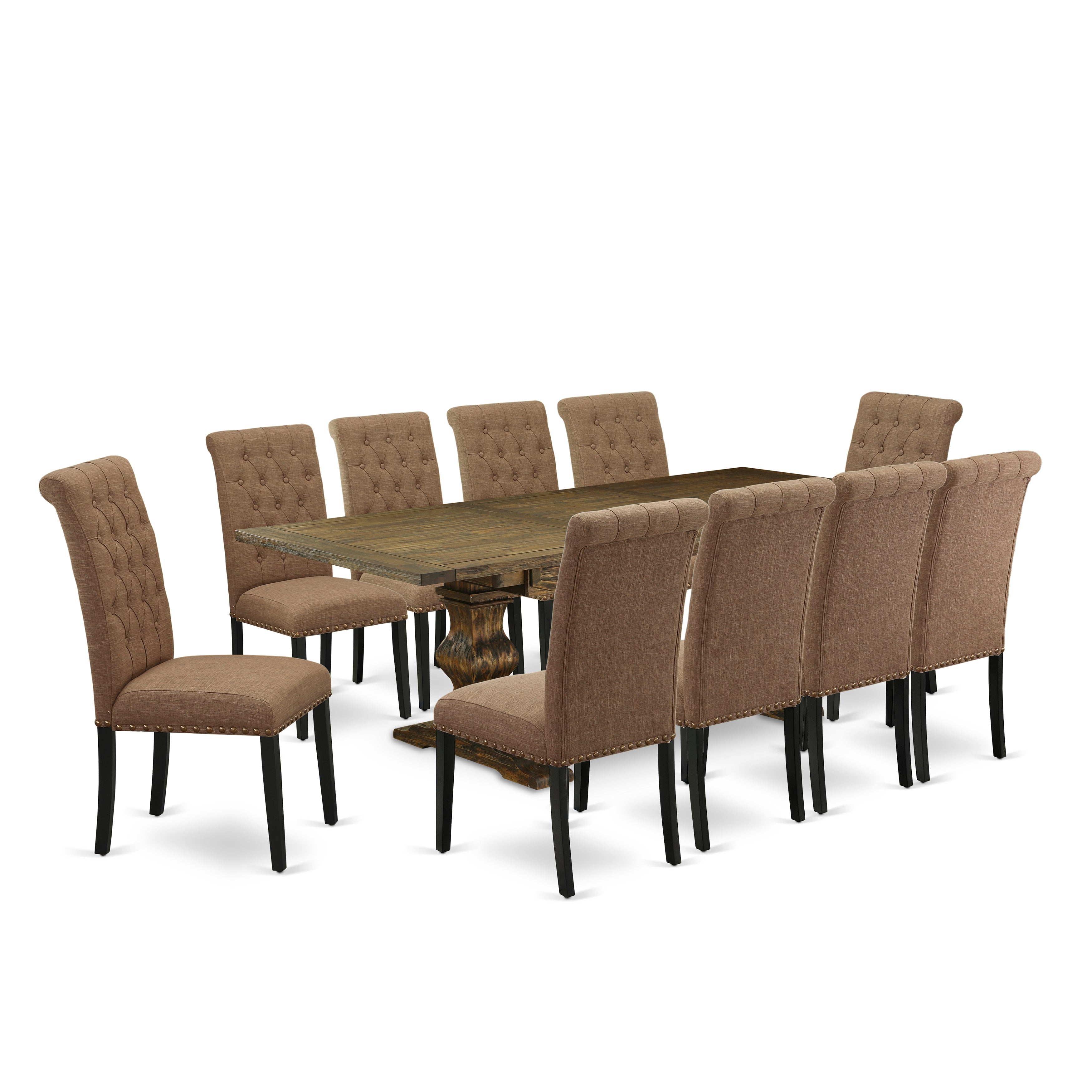 East West Furniture LABR11-71-17 11-Piece Table Set Contains a Wooden Table and 10 Light Sable Linen Fabric Mid Century Dining Chairs with Button Tufted Back - Distressed Jacobean Finish