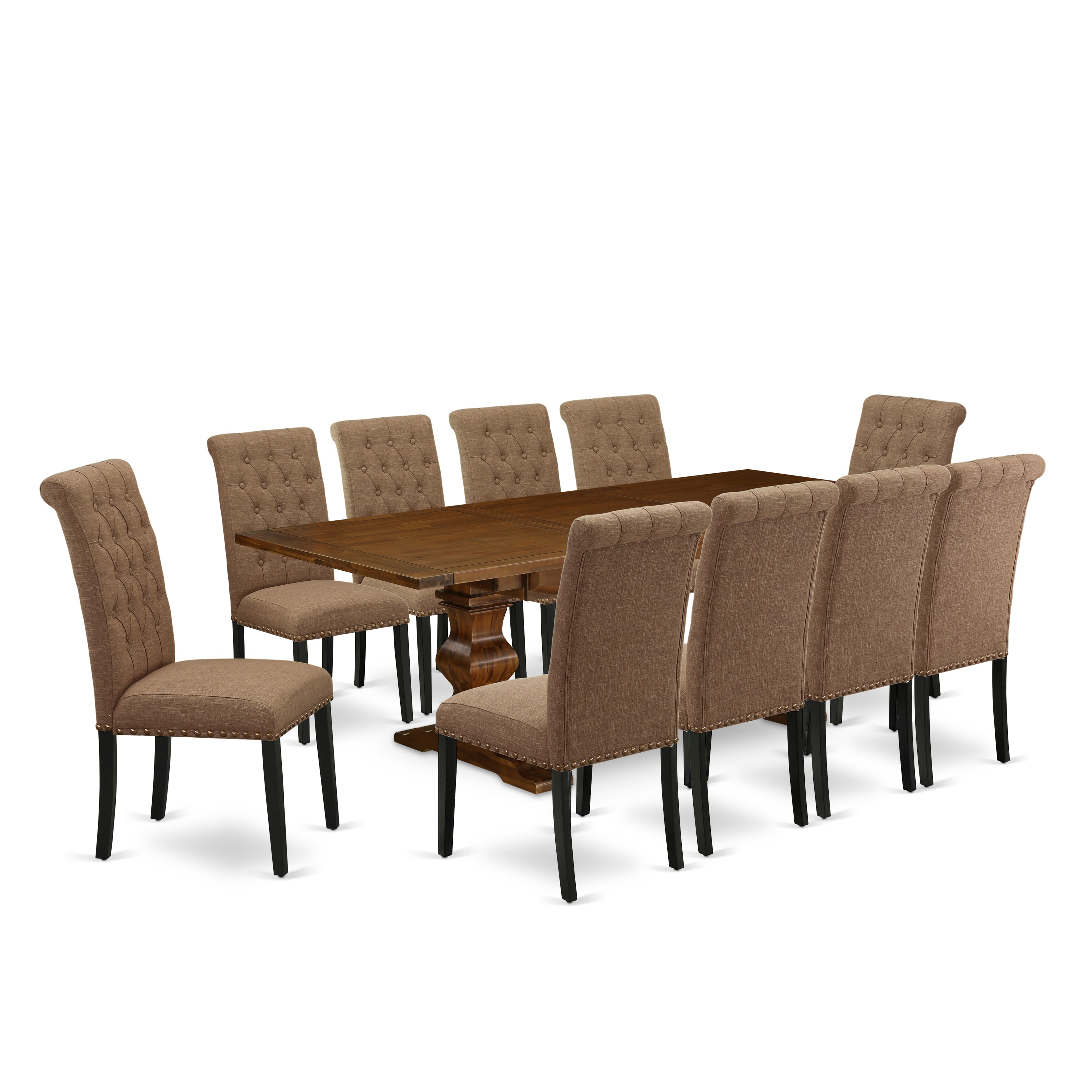 East West Furniture LABR11-81-17 11-Pieces Table Set - A Removable leaf Double Pedestal Wooden Table and 10 Light Sable Linen Fabric Dining Chair with Button Tufted Back - Antique Walnut Finish