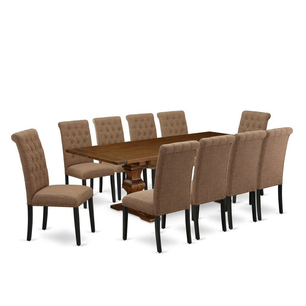 East West Furniture LABR11-81-17 11 Piece Dining Set Includes a Rectangle Dining Table with Butterfly Leaf and 10 Light Sable Linen Fabric Upholstered Chairs