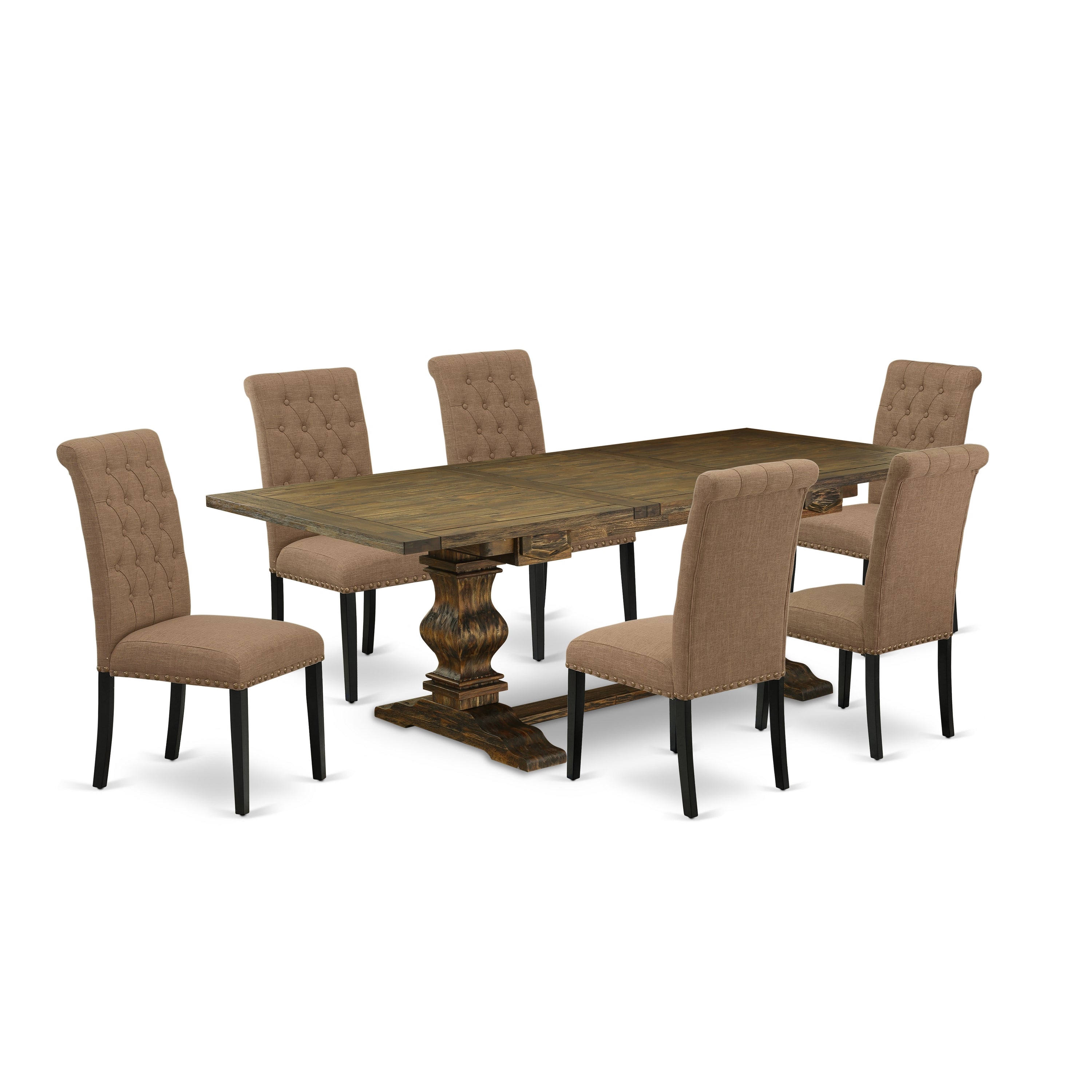 East West Furniture LABR7-71-17 7-piece dining room table set with Chair�s Legs and Light Sable Linen Fabric dining chairs Set of Six and great table - Black and Distressed Jacobean Finish