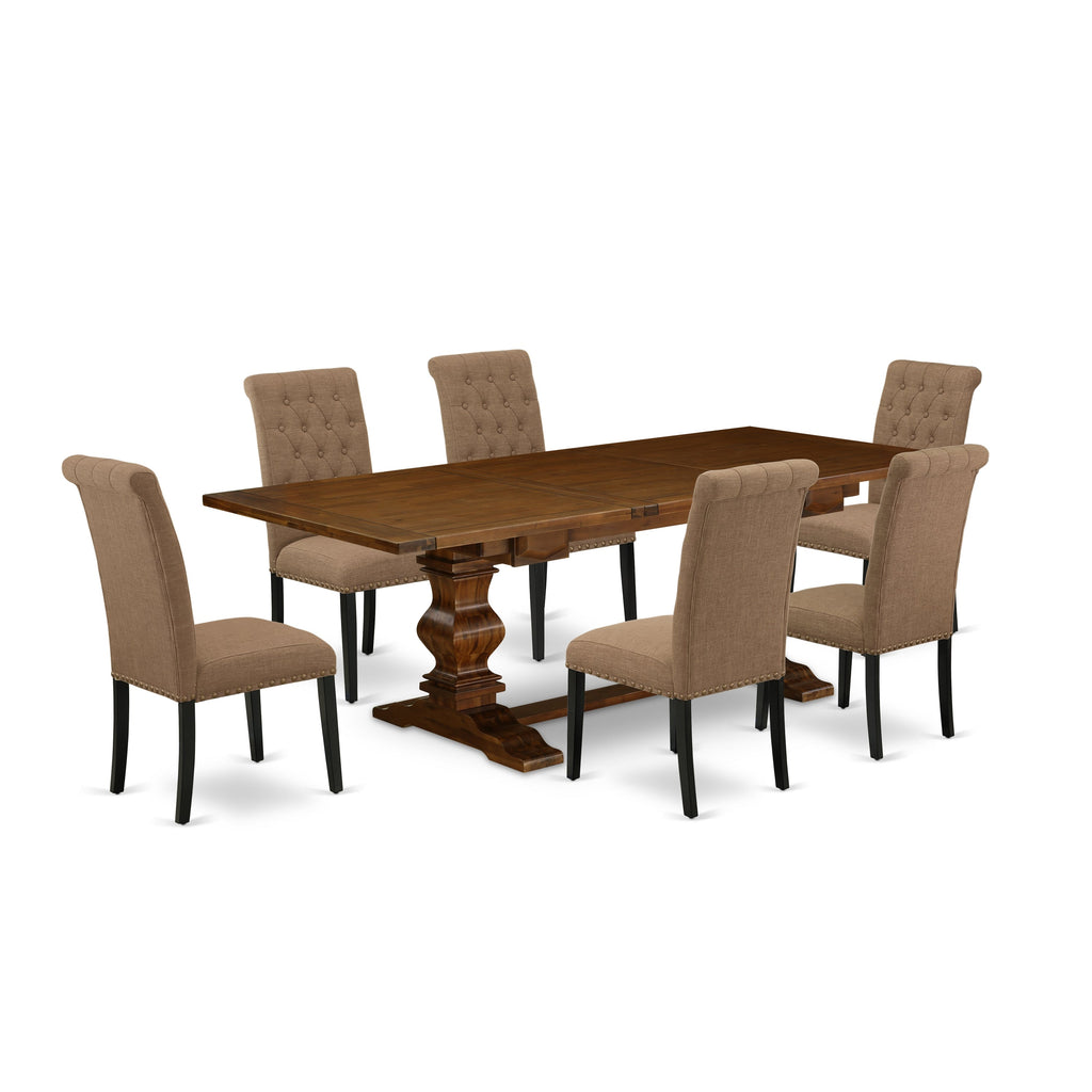 Juego de comedor de 7 piezas East West Furniture LABR7-81-17 compuesto por una mesa de comedor rectangular con diseño de hojas de mariposa y 6 sillas Parsons de tela de lino color sable claro.