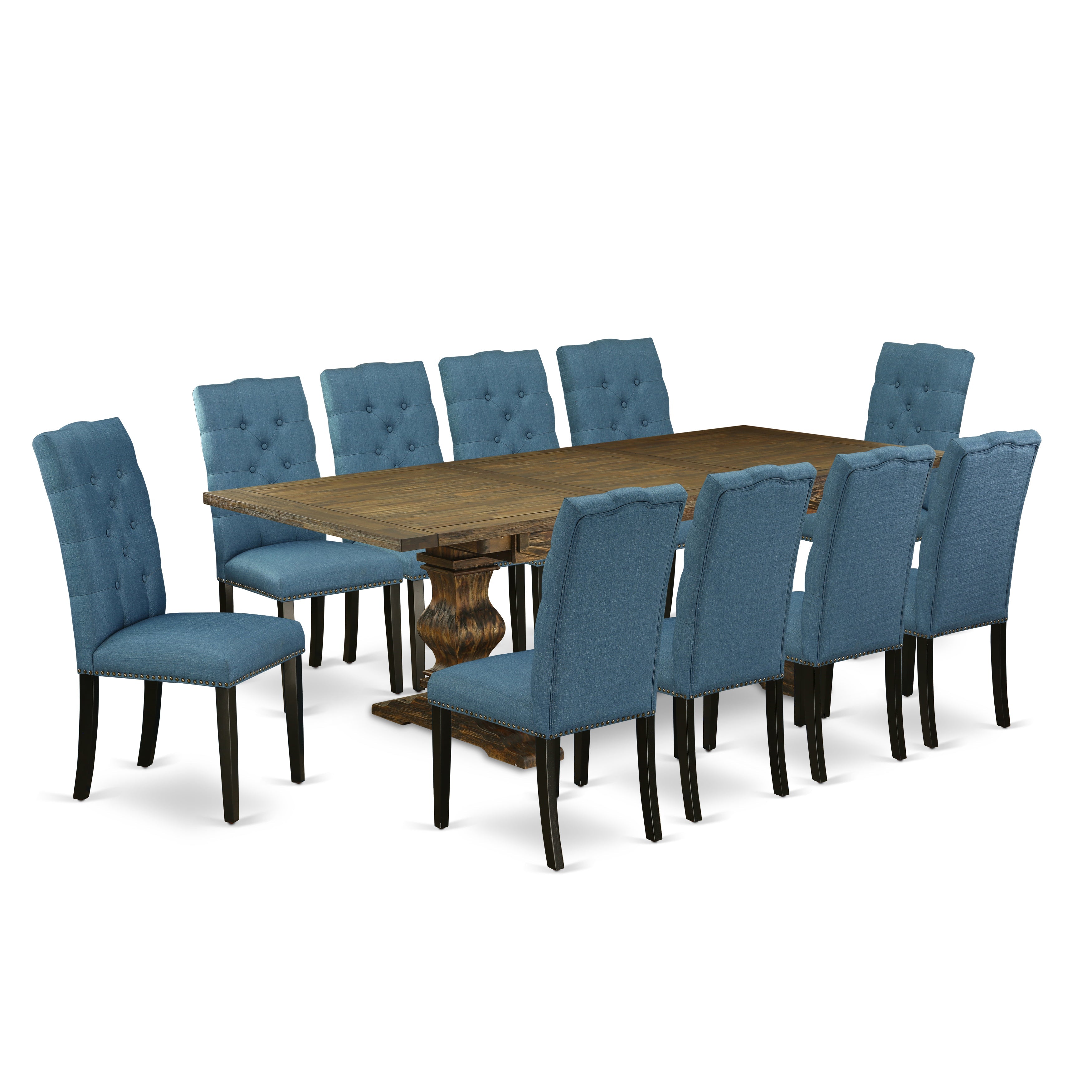 East West Furniture LAEL11-71-21 11-Piece Mid Century Modern Dining Set Contains a Dining Table and 10 Mineral Blue Linen Fabric Dining Chairs with Button Tufted Back - Distressed Jacobean Finish